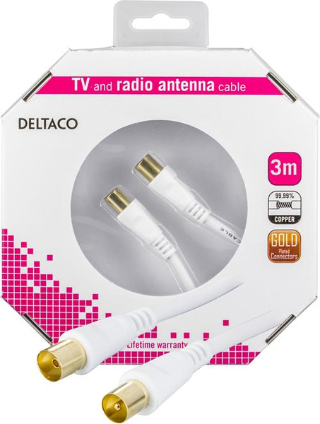 DELTACO antennikaap., 75 Ohm, ferriittiyt., kull. liitt., 3 m, valk.