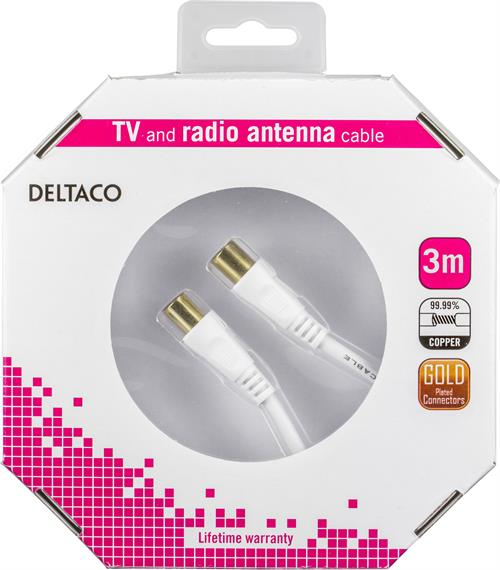 DELTACO antennikaap., 75 Ohm, ferriittiyt., kull. liitt., 3 m, valk.