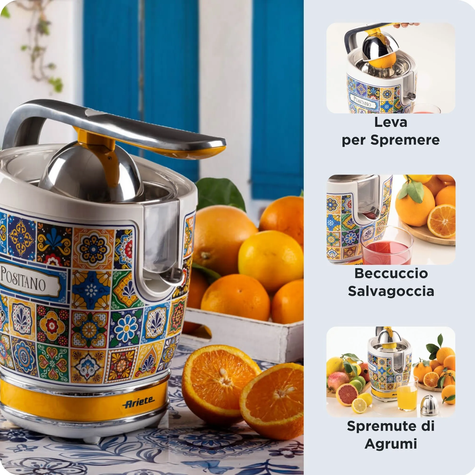 Ariete Positano 0413PO s&auml;hk&ouml;inen sitruspuristin, 85 wattia, 0,6 litraa, sininen/keltainen