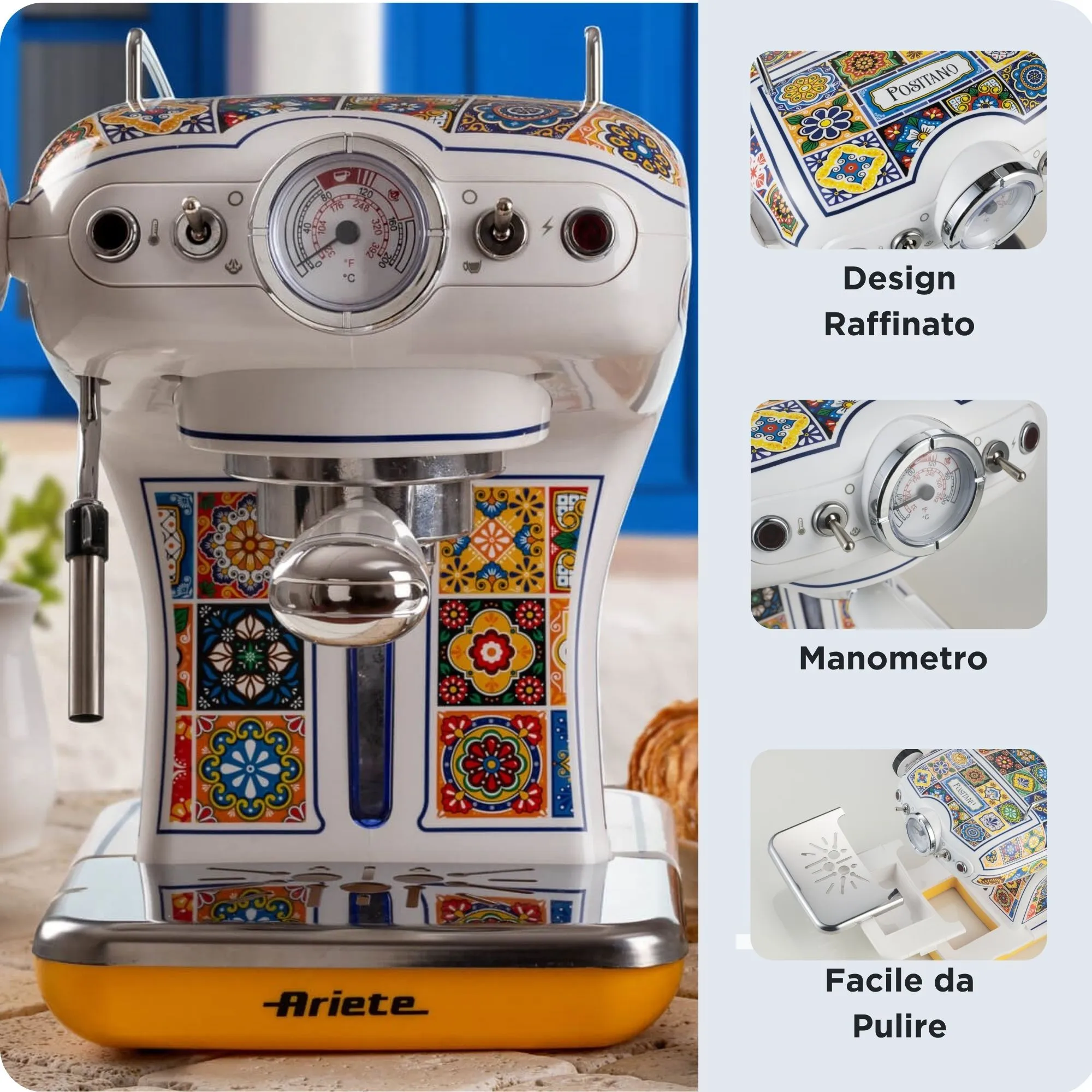 Ariete Positano 1389 manuell espressomaskin, bl&aring;, gul