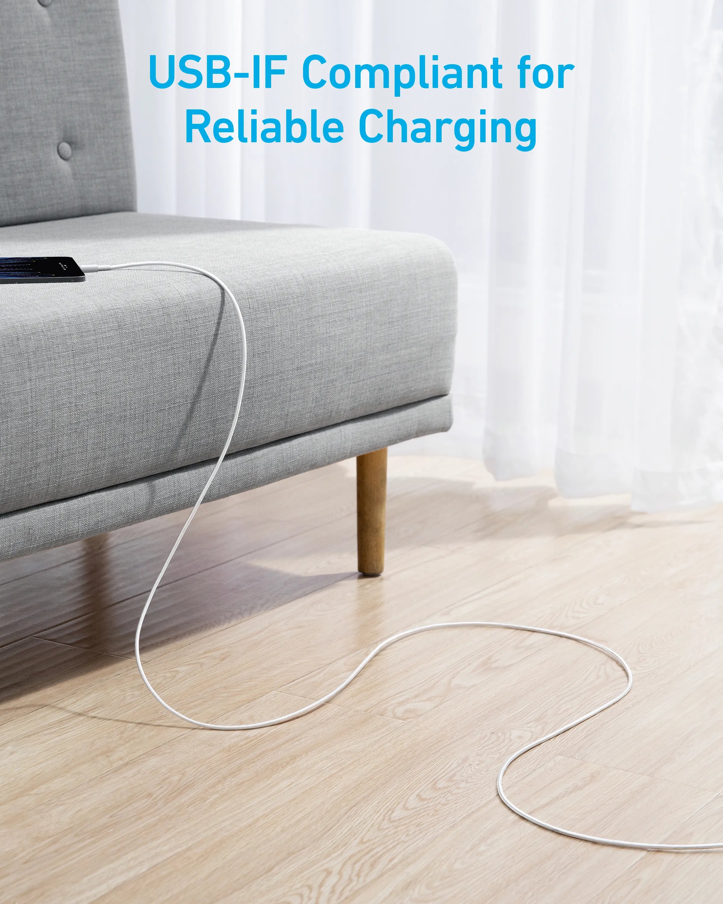 Anker 322 USB-A - USB-C - cable, White, 1.8m