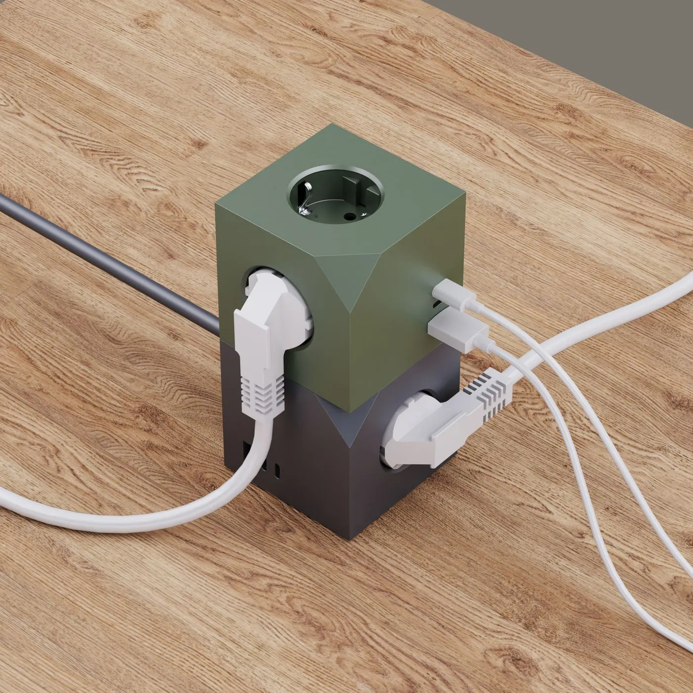 MICROCONNECT Power Cube - haaroitinrasia, jossa on 3 Schuko-pistorasiaa, 2 USB-C- ja 1 USB-A-liit&auml;nt&auml;&auml;, magneettikiinnitys ja 1,5 metrin johto, harmaa