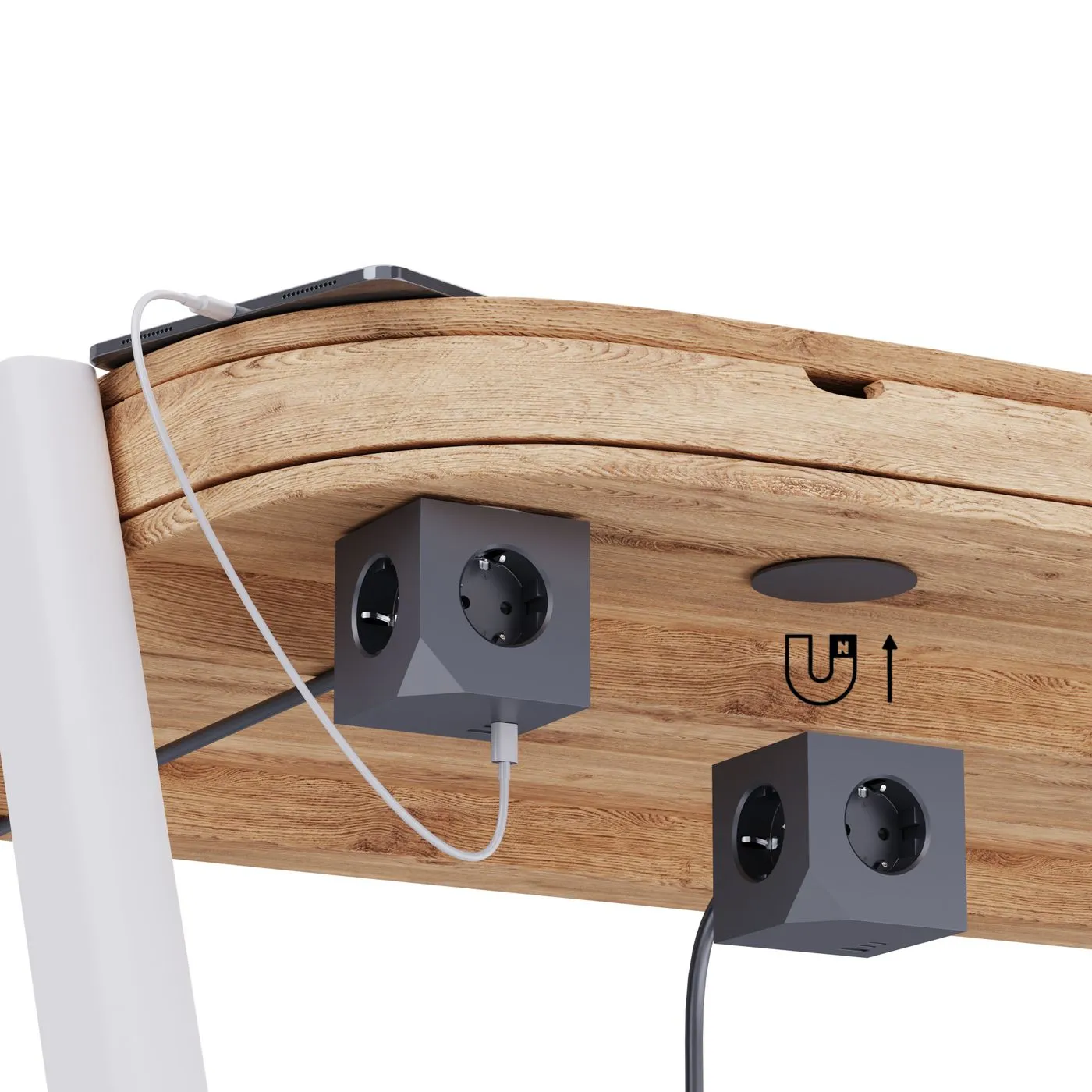 MICROCONNECT Power Cube - haaroitinrasia, jossa on 3 Schuko-pistorasiaa, 2 USB-C- ja 1 USB-A-liit&auml;nt&auml;&auml;, magneettikiinnitys ja 1,5 metrin johto, harmaa