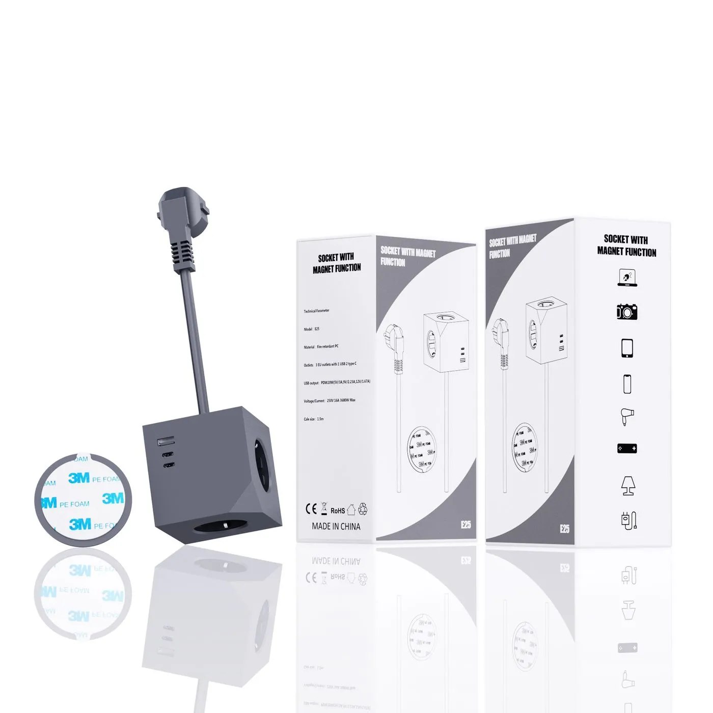 MICROCONNECT Power Cube - haaroitinrasia, jossa on 3 Schuko-pistorasiaa, 2 USB-C- ja 1 USB-A-liit&auml;nt&auml;&auml;, magneettikiinnitys ja 1,5 metrin johto, harmaa