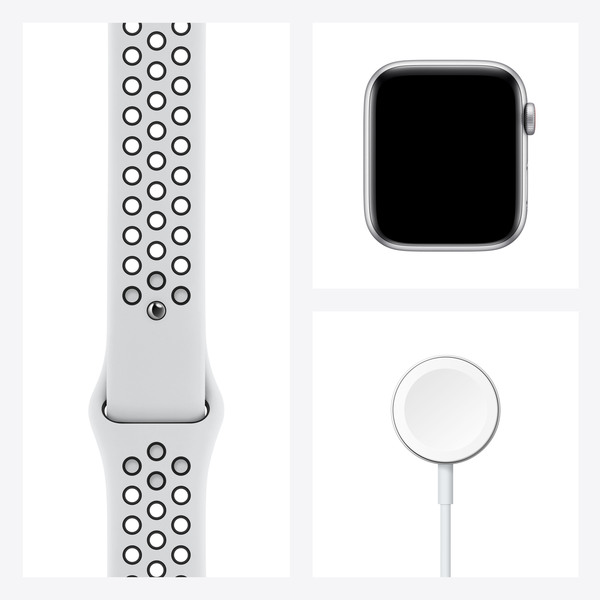 Apple Watch Nike SE GPS + Cellular, 44mm Silver Aluminium Case with Pure Platinum/Black Nike Sport Band - Regular