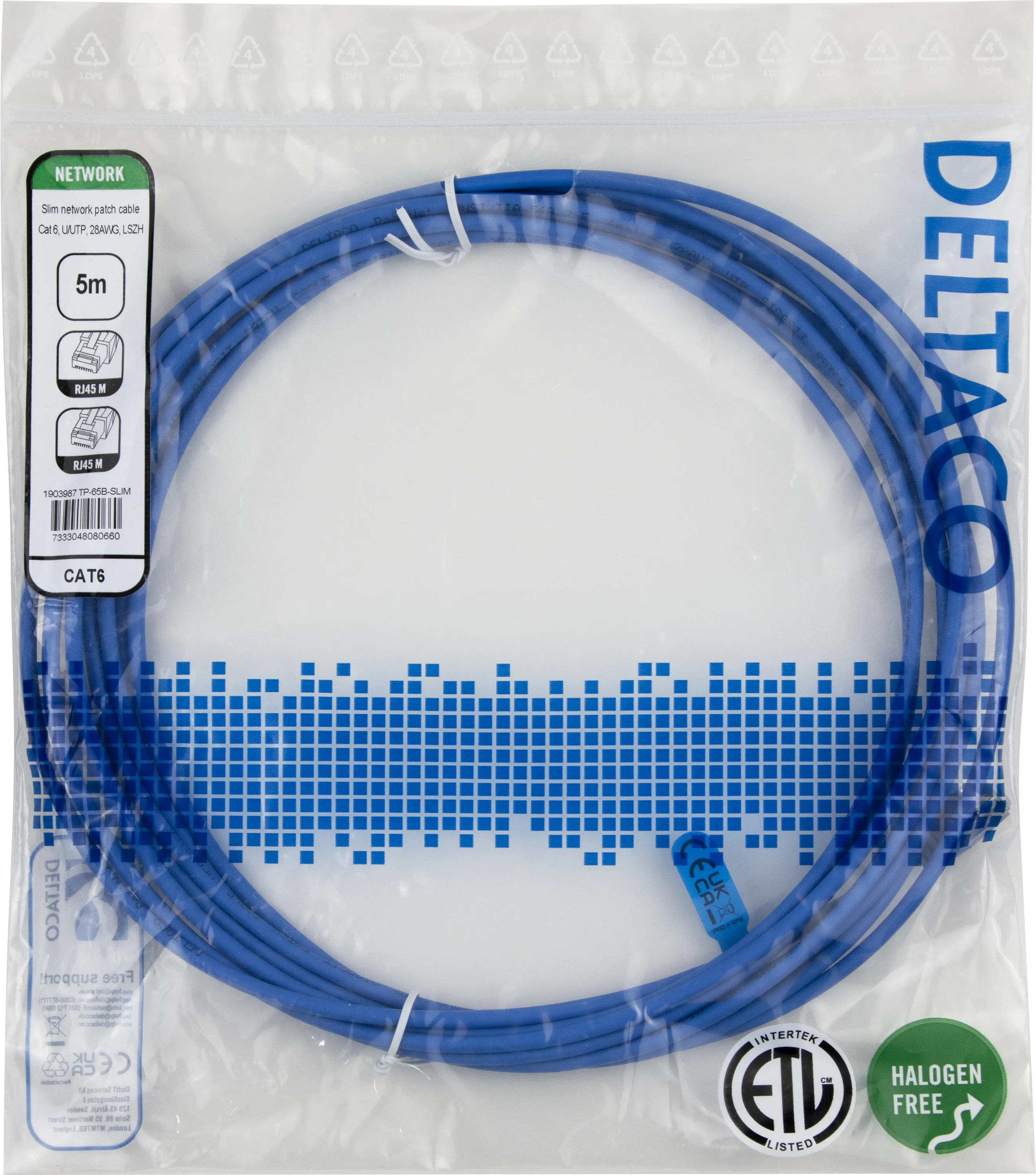Deltaco Cat6 UTP RJ45 5m Network Cable, Blue