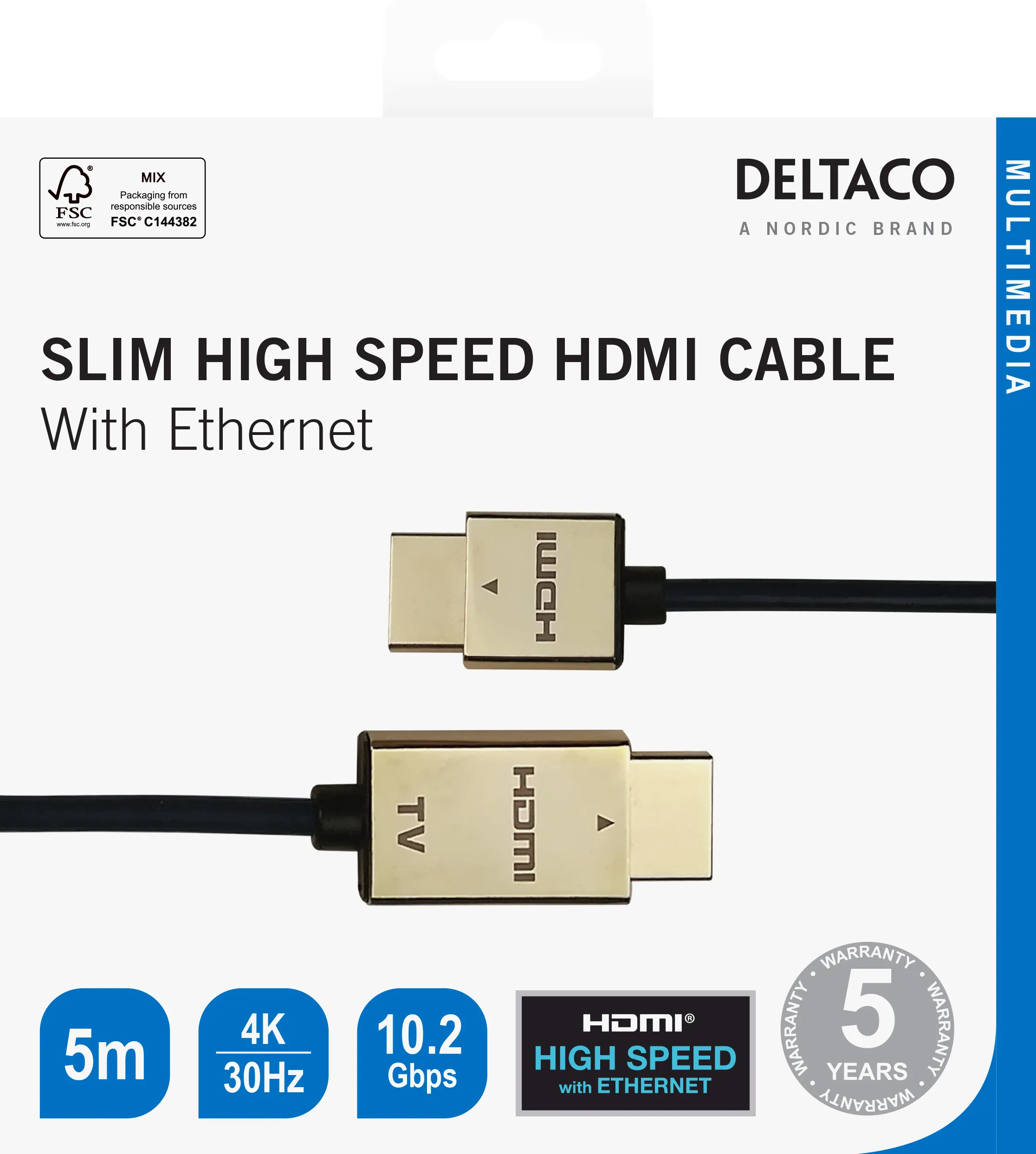 Deltaco Erittäin ohut nopea HDMI 1.4 -kaapeli Ethernetillä, 5 m, musta/kulta