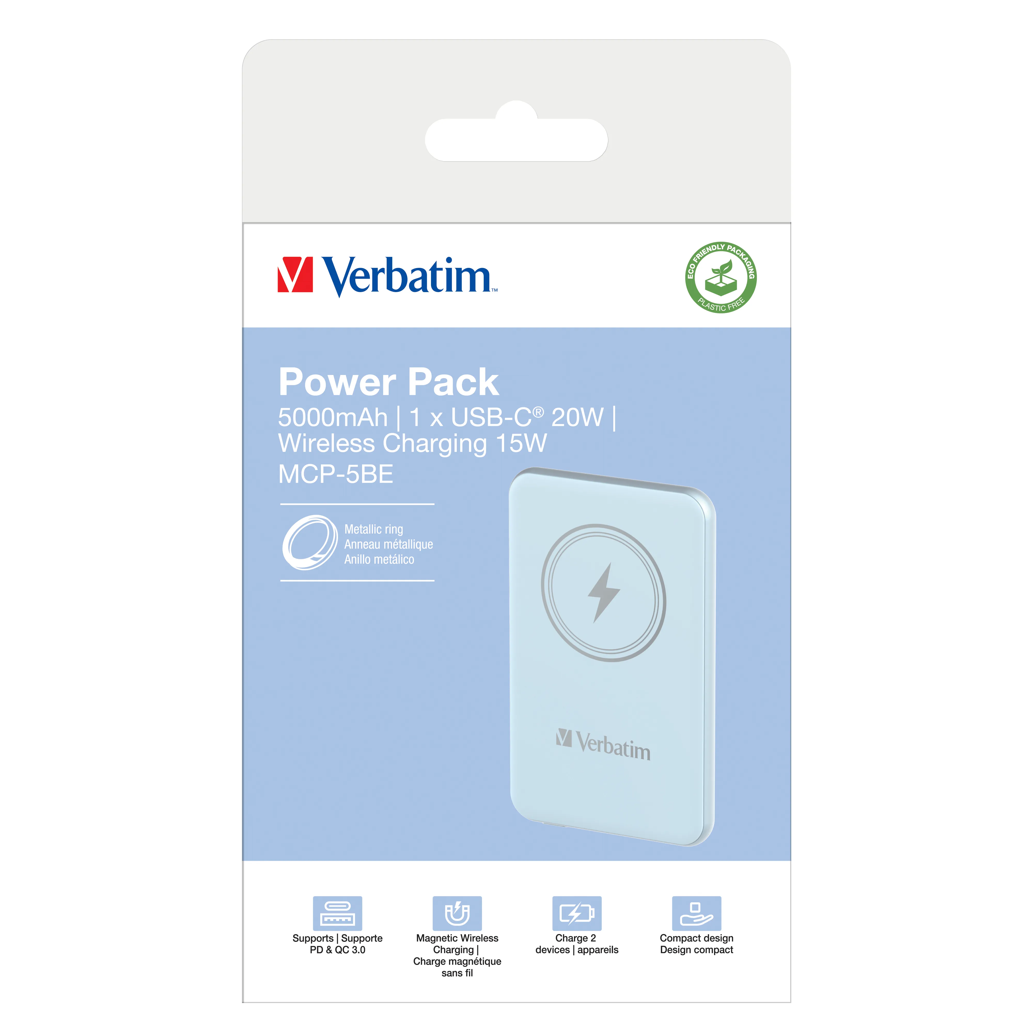 Verbatim Charge n Go Magnetic Wireless -varavirtalähde, 5000 mAh, Sininen