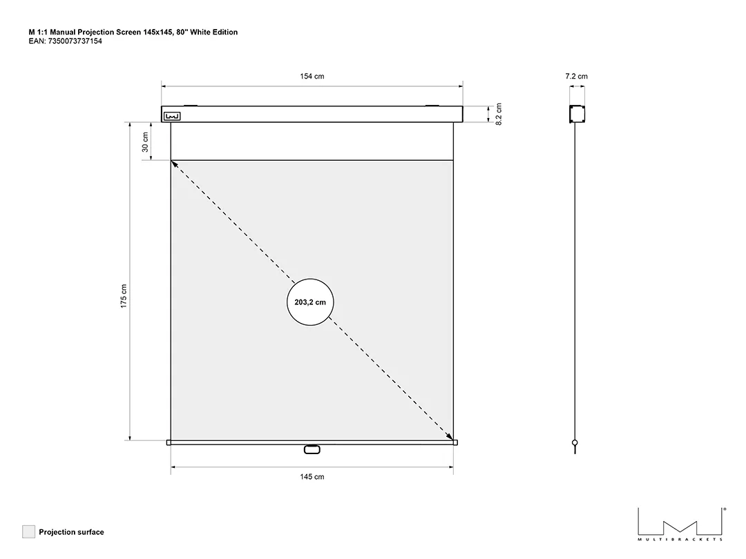 M 1:1 Manual Projection Screen 145x145, 80" White Edition