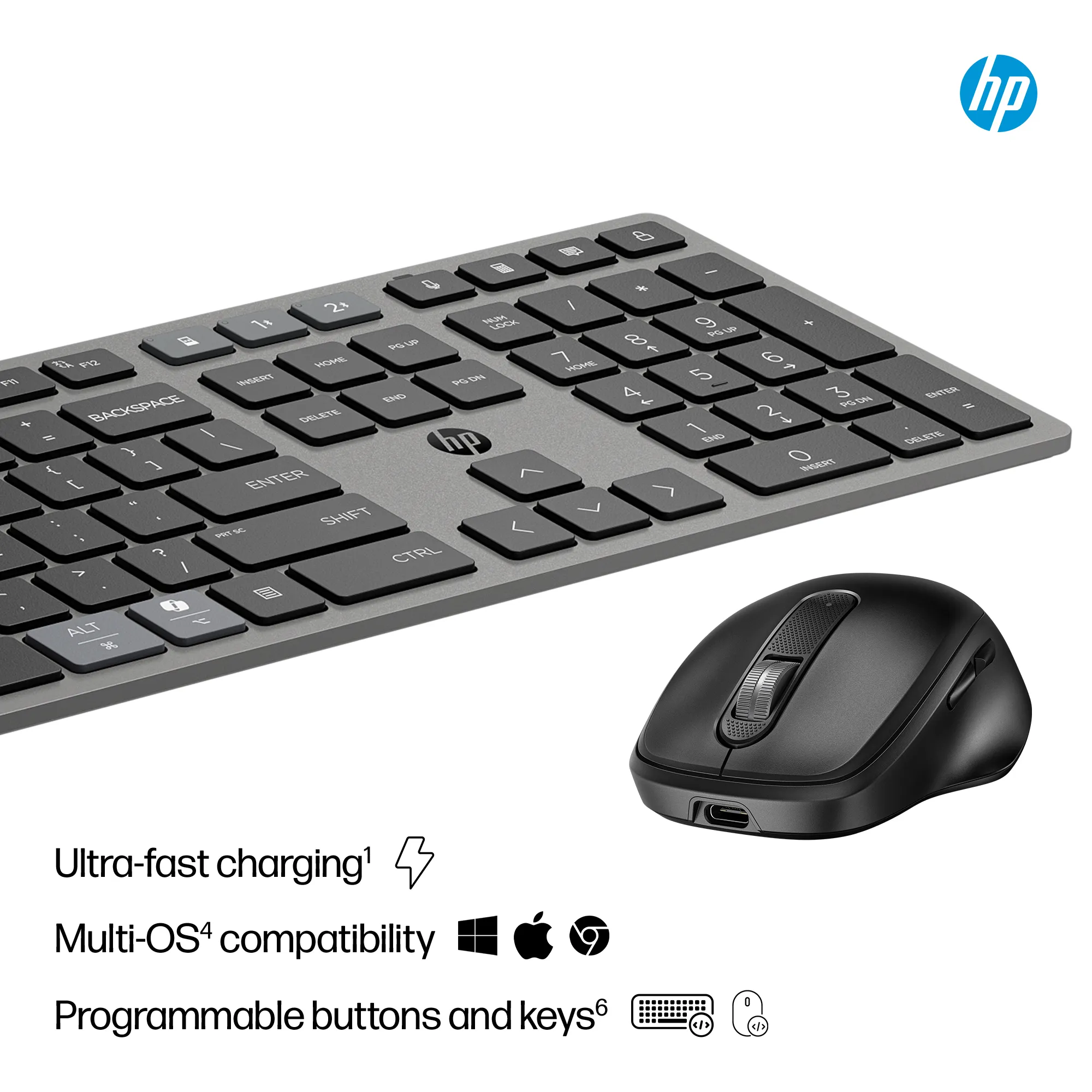 HP 725 Multi-Device Rechargeable Wireless Keyboard and Mouse, Black