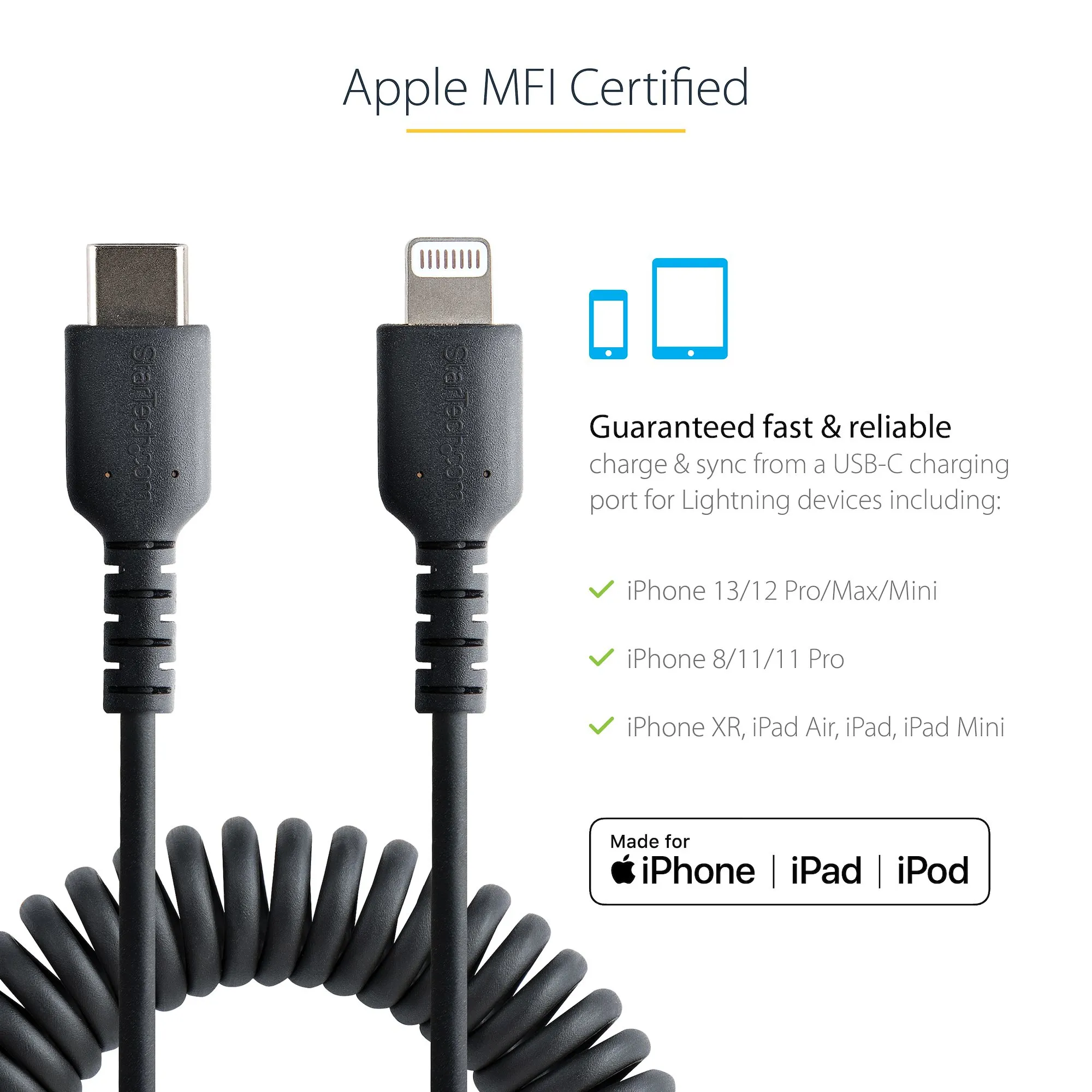 USB C TO LIGHTNING CABLE - 50CM - (20IN) COILED CABLE BLACK