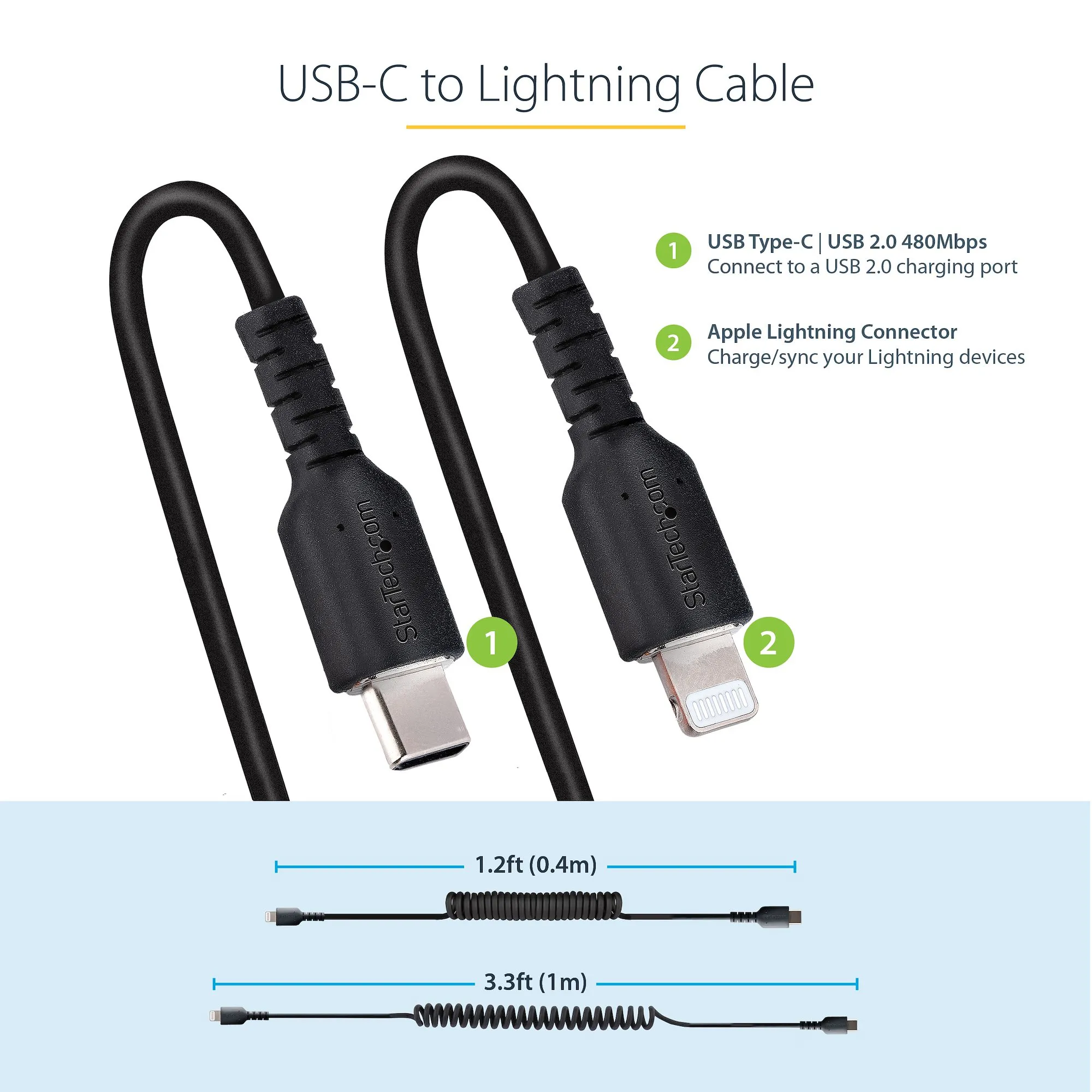 USB C TO LIGHTNING CABLE - 1M - (3.3FT) COILED CABLE BLACK