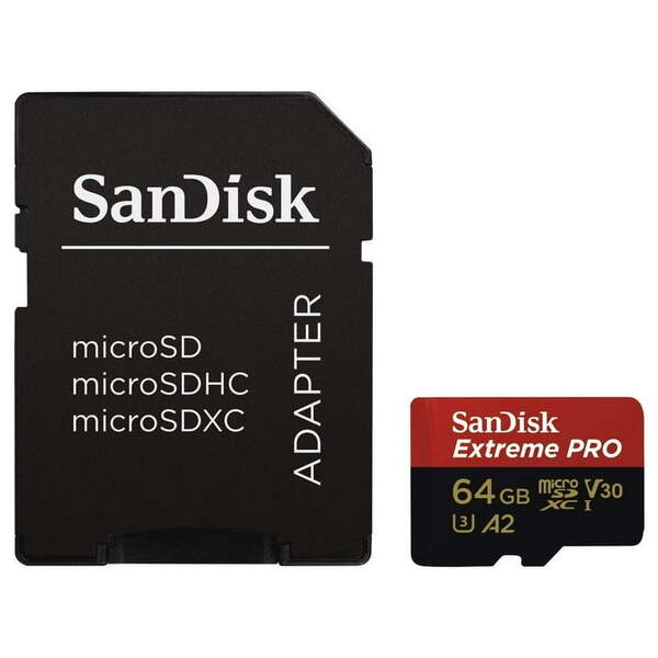 SanDisk Extreme PRO 64 GB MicroSDXC UHS-I U3 V30 A2 kort + SD-adapter