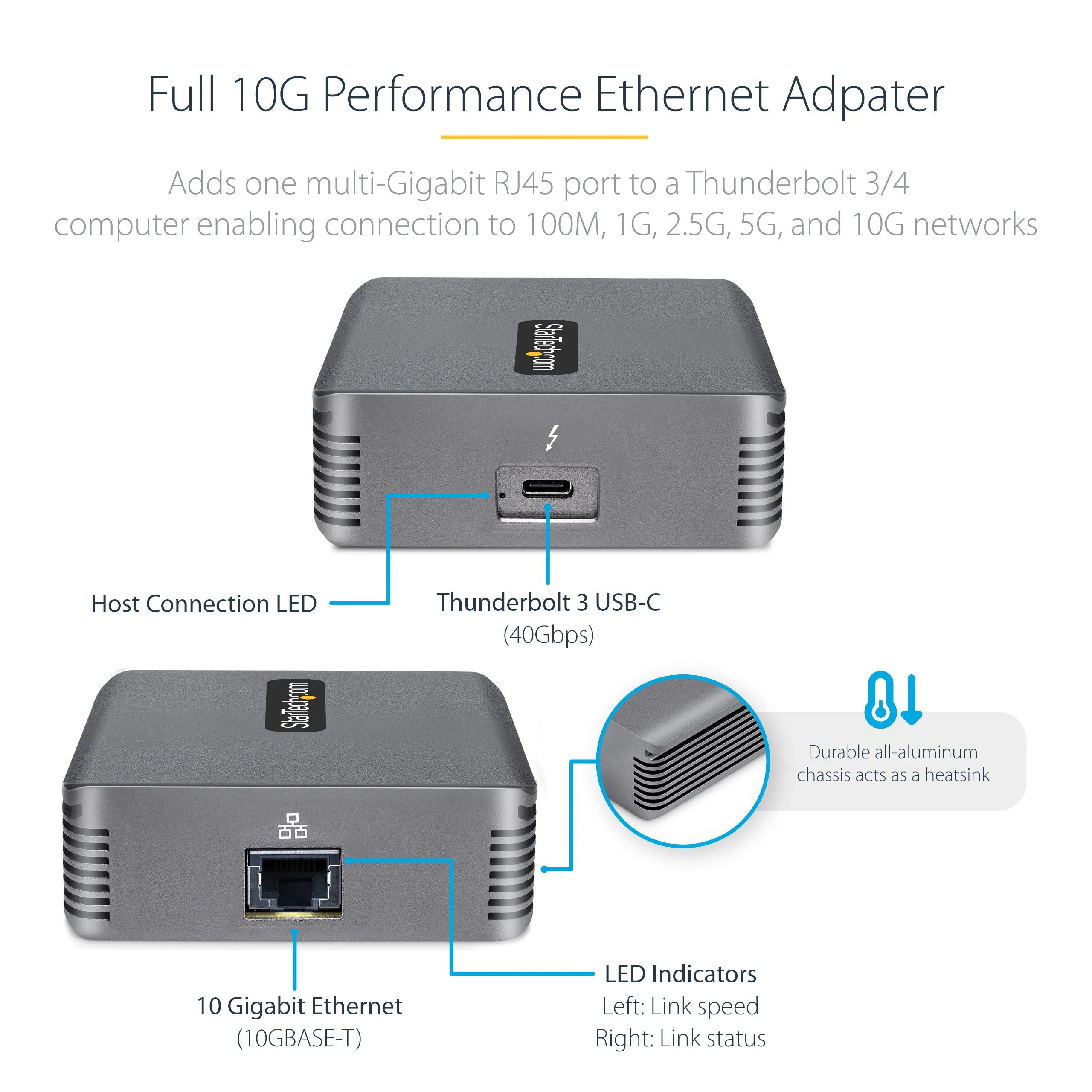 STARTECH.COM Thunderbolt 3 to Ethernet Adapter 10GbE Multi-Gigabit Thunderbolt 3 to RJ45 Network Adapter TB3/TB4 10GbE NIC