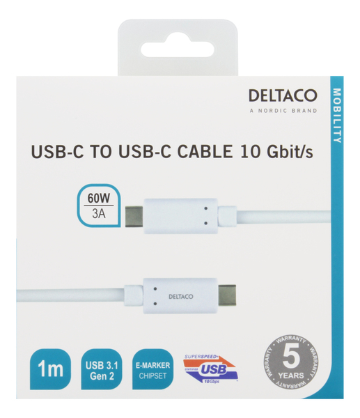 Deltaco Mobility USB-C &ndash; USB-C 3.2 Gen 2 -kaapeli, 1 m, Valkoinen