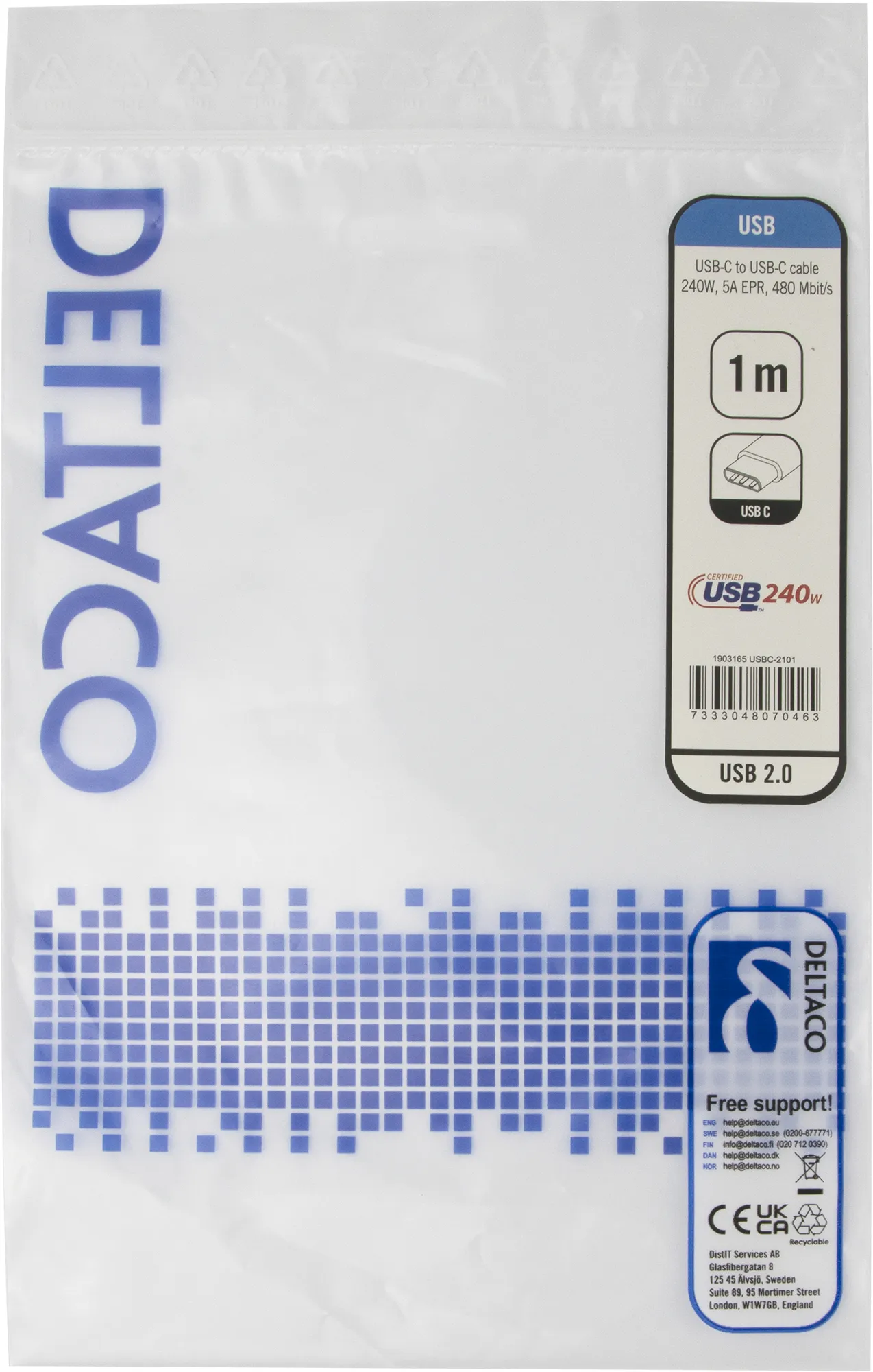 Deltaco USB-C - USB-C EPR 240W USB 2.0 - kabel, Svart, 1m