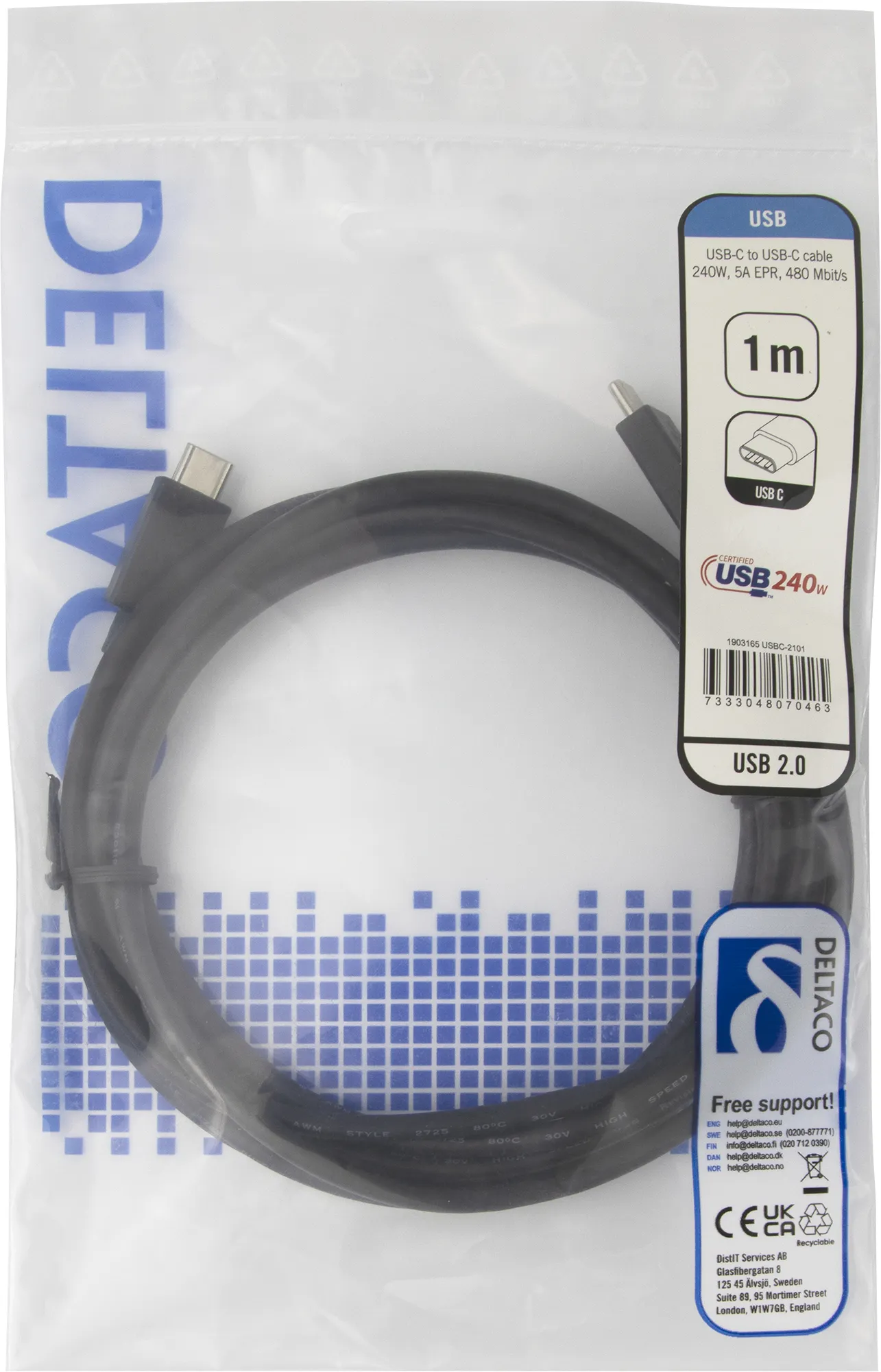 Deltaco USB-C - USB-C EPR 240W USB 2.0 - kabel, Svart, 1m