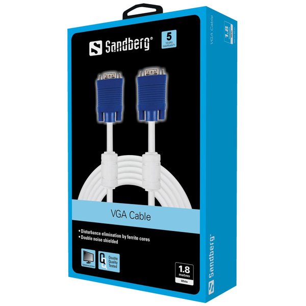 Sandberg VGA &ndash; VGA - kabel, 1,8 m, Vit