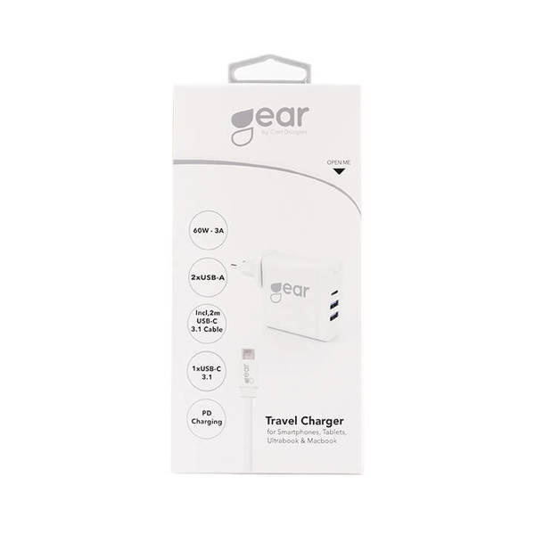GEAR Laturi 220V 2xUSB-A 1xUSB-C PD 3.1 60W 4,8A 12-20V sis 2m USB-C 3.1 Johto