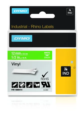 DYMO Rhino Professional. vinyltejp, 12mm, vit text p&aring; gr&ouml;n tejp, 5,5
