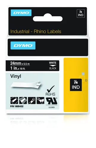 DYMO Rhino Professional, 24mm, m&auml;rkbar vinyltejp, vit text svart tejp