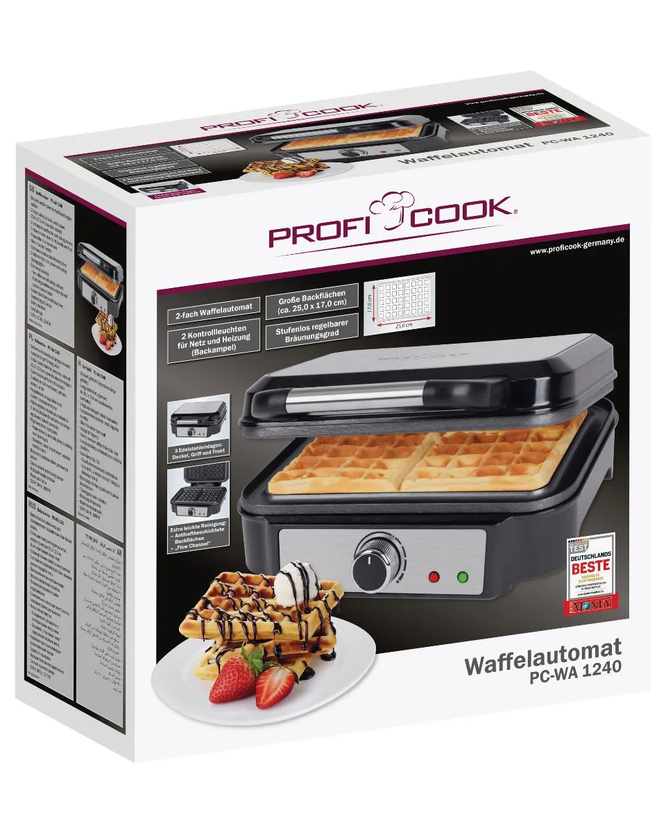 ProfiCook PC-WA 1240 V&aring;ffelj&auml;rn, 2 fyrkantiga v&aring;fflor, 1000 Watt, svart, rostfritt st&aring;l