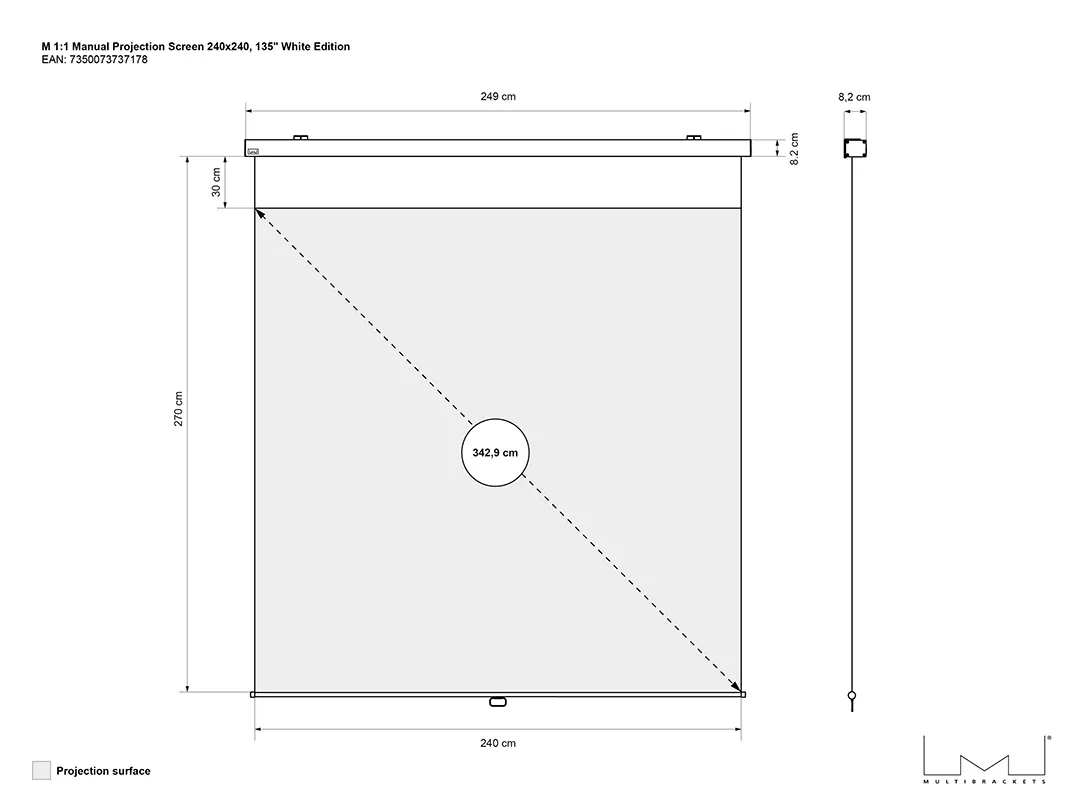 M 1:1 Manual Projection Screen 240x240, 135&quot; White Edition