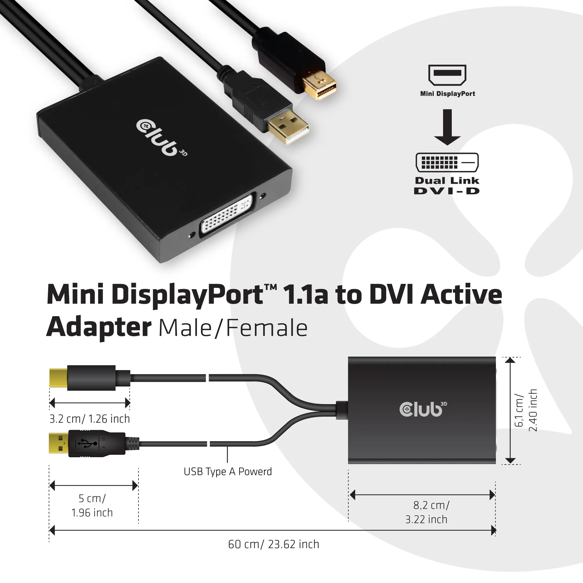 Club 3D  MiniDP/USB-A &ndash; DVI-D -adapteri, Musta