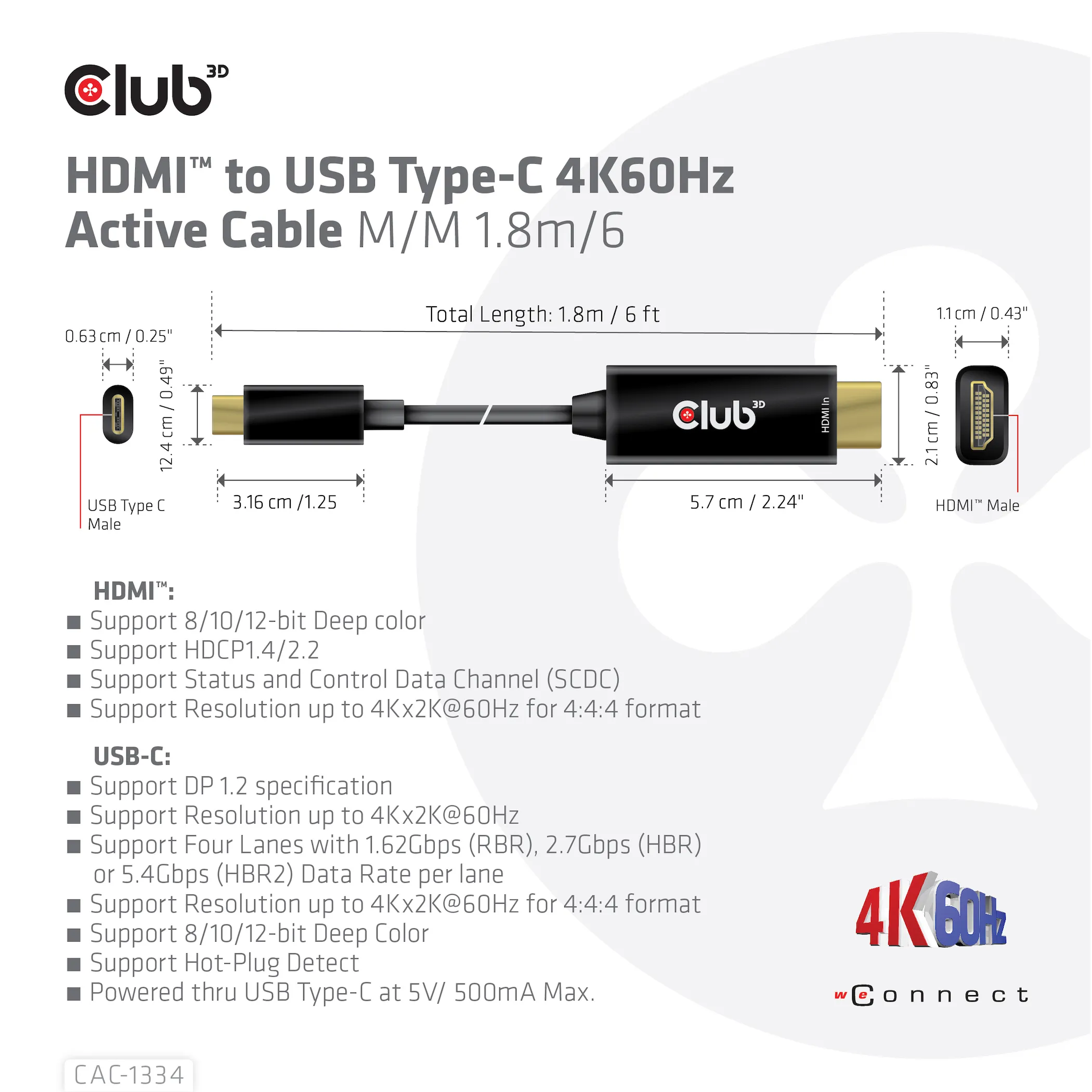 Club 3D 2.0 HDMI - USB-C active - cable, Black, 1.8m