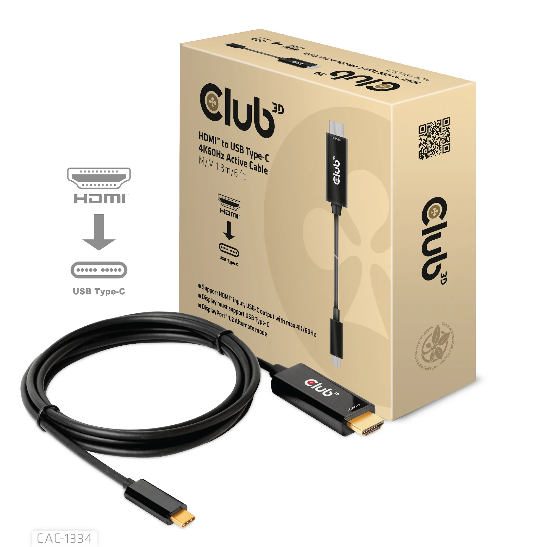 Club 3D 2.0 HDMI - USB-C active - cable, Black, 1.8m