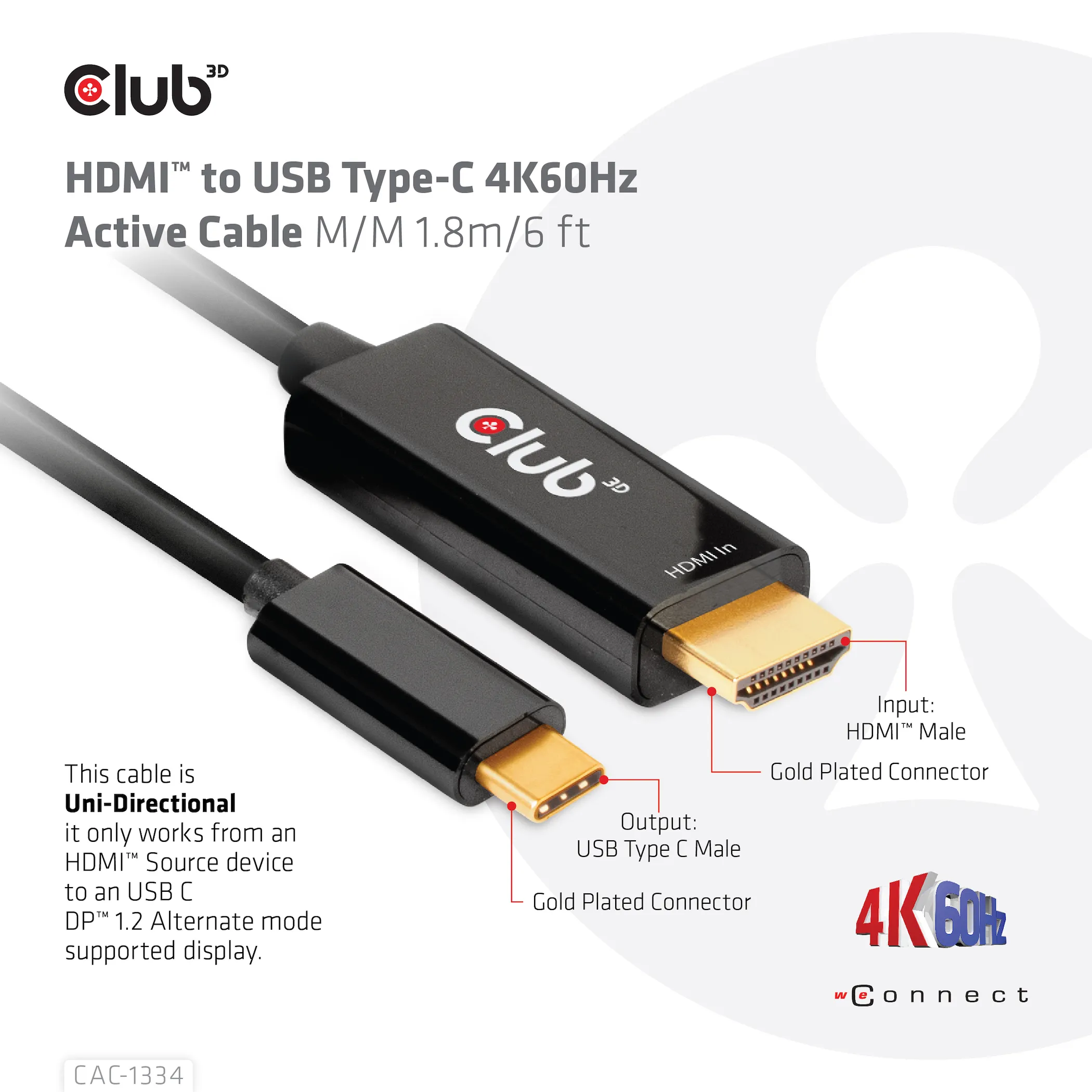 Club 3D 2.0 HDMI - USB-C active - cable, Black, 1.8m