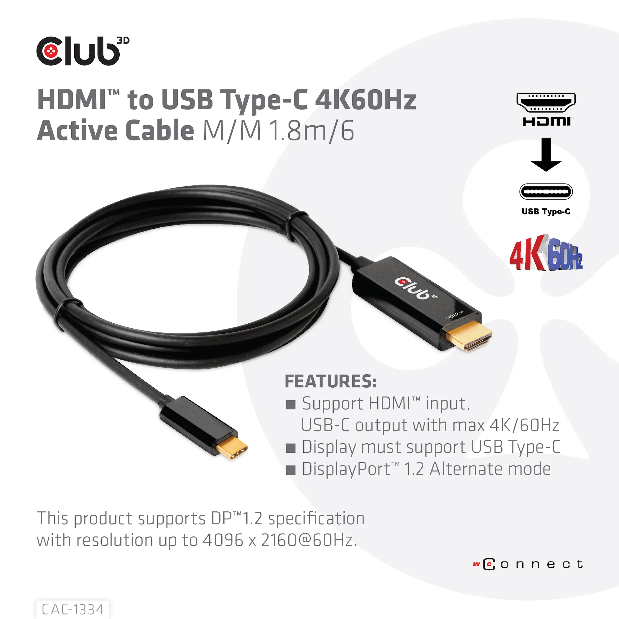 Club 3D 2.0 HDMI - USB-C active - cable, Black, 1.8m