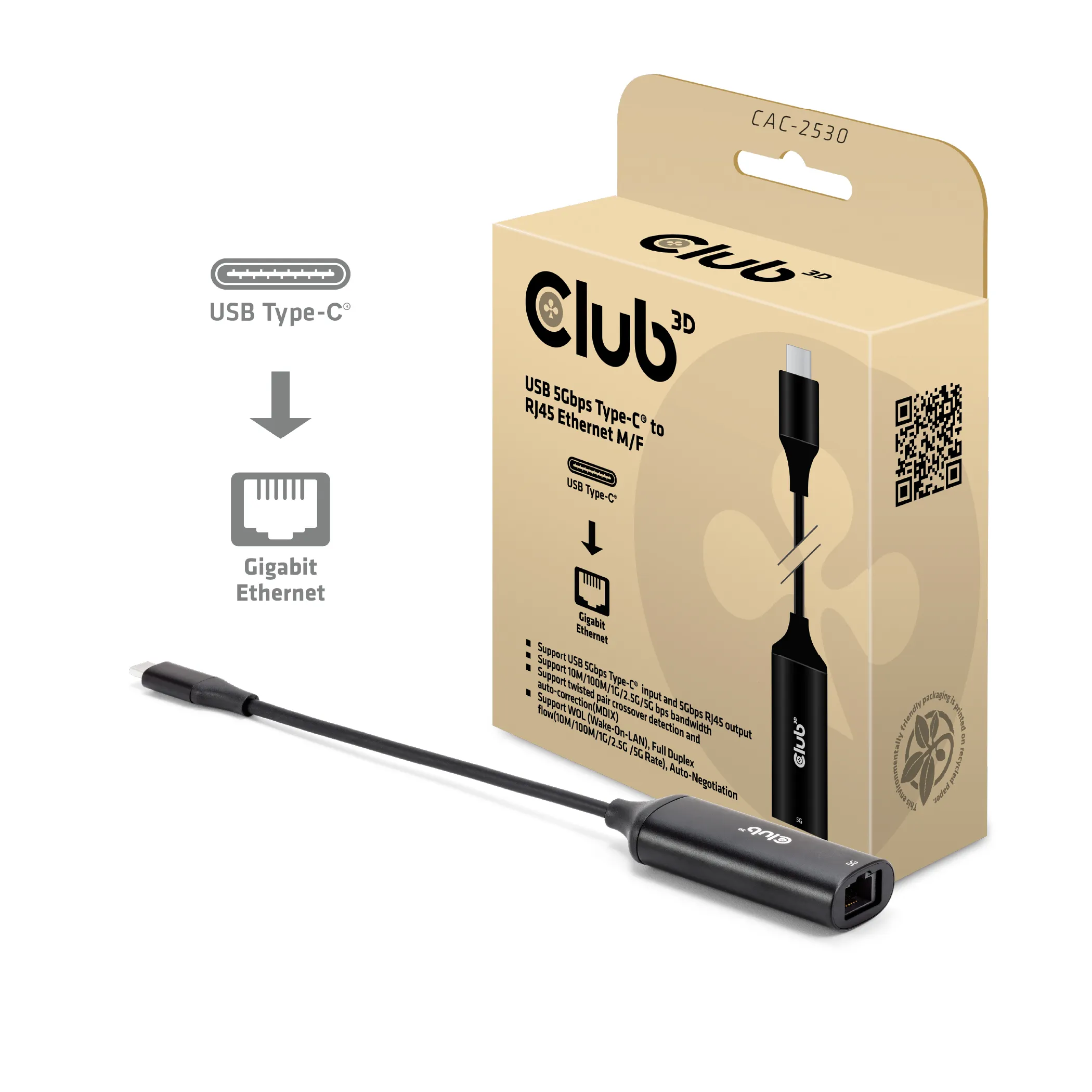 Club3D USB 5Gbps Type-C to RJ45 Ethernet M/F -sovitin, Musta