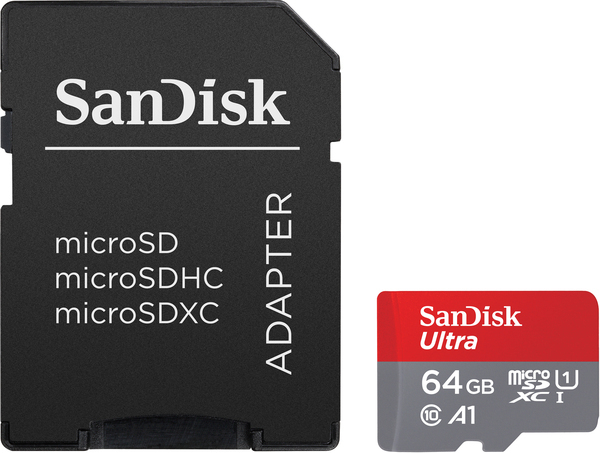 SanDisk Ultra 64 GB MicroSDXC UHS-I Class 10 V10 A1 kort + SD-adapter, gr&aring;/r&ouml;d