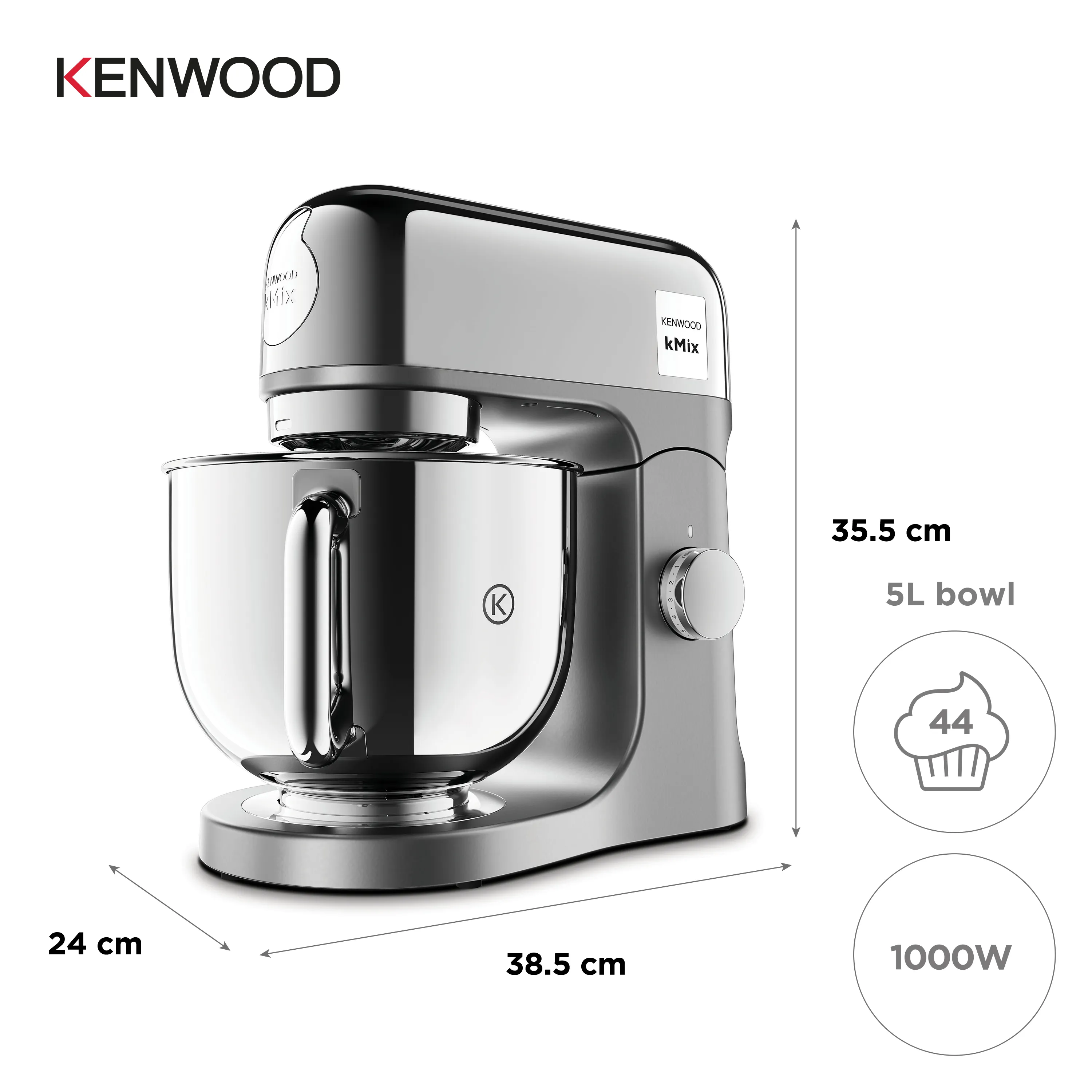 Kenwood kMix K&ouml;ksmaskin, 1000 W, 5 L, Krom, Gr&aring;