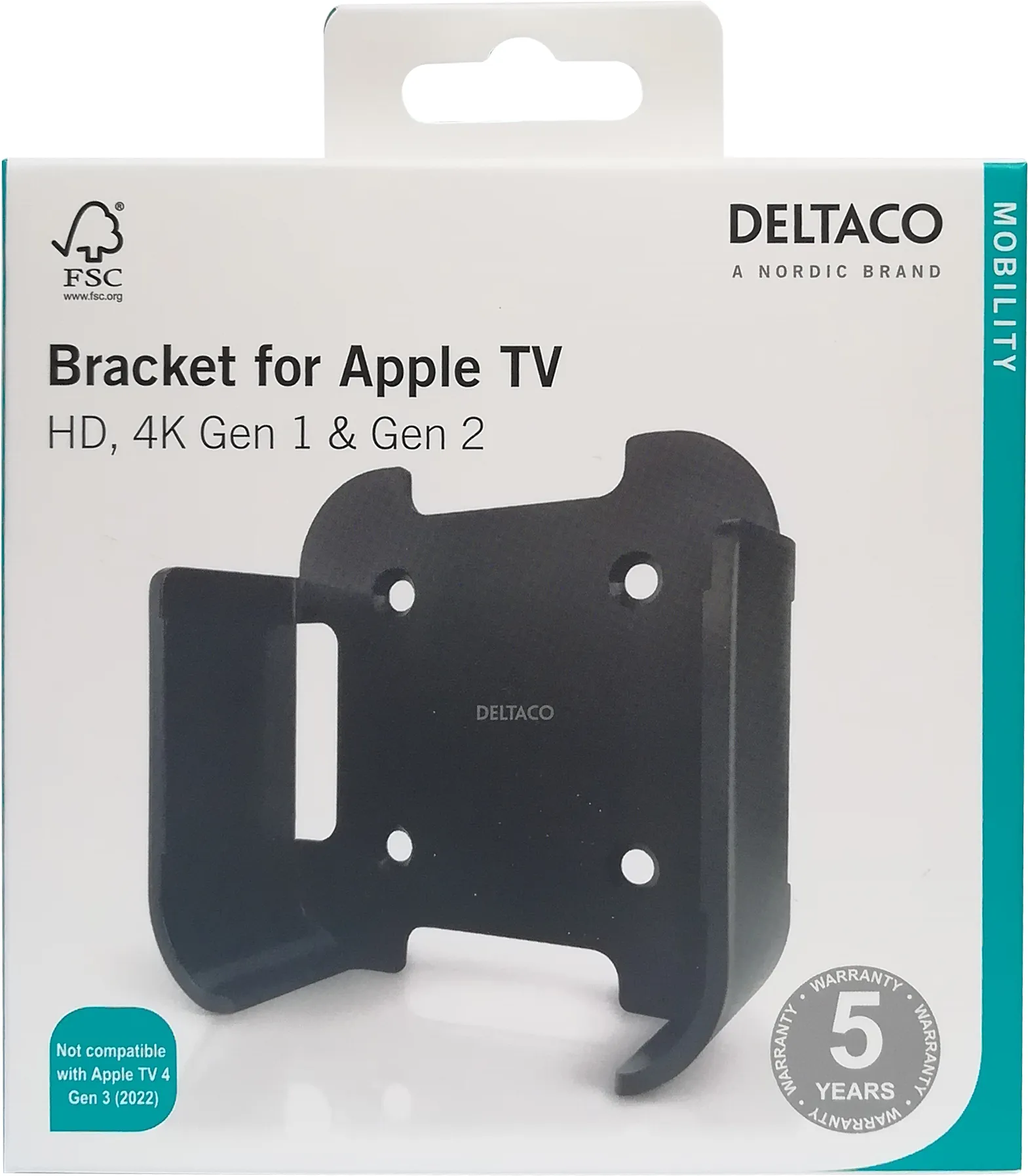 Deltaco väggfäste för HD, 4K Gen 1 & Gen 2 Apple TV, svart