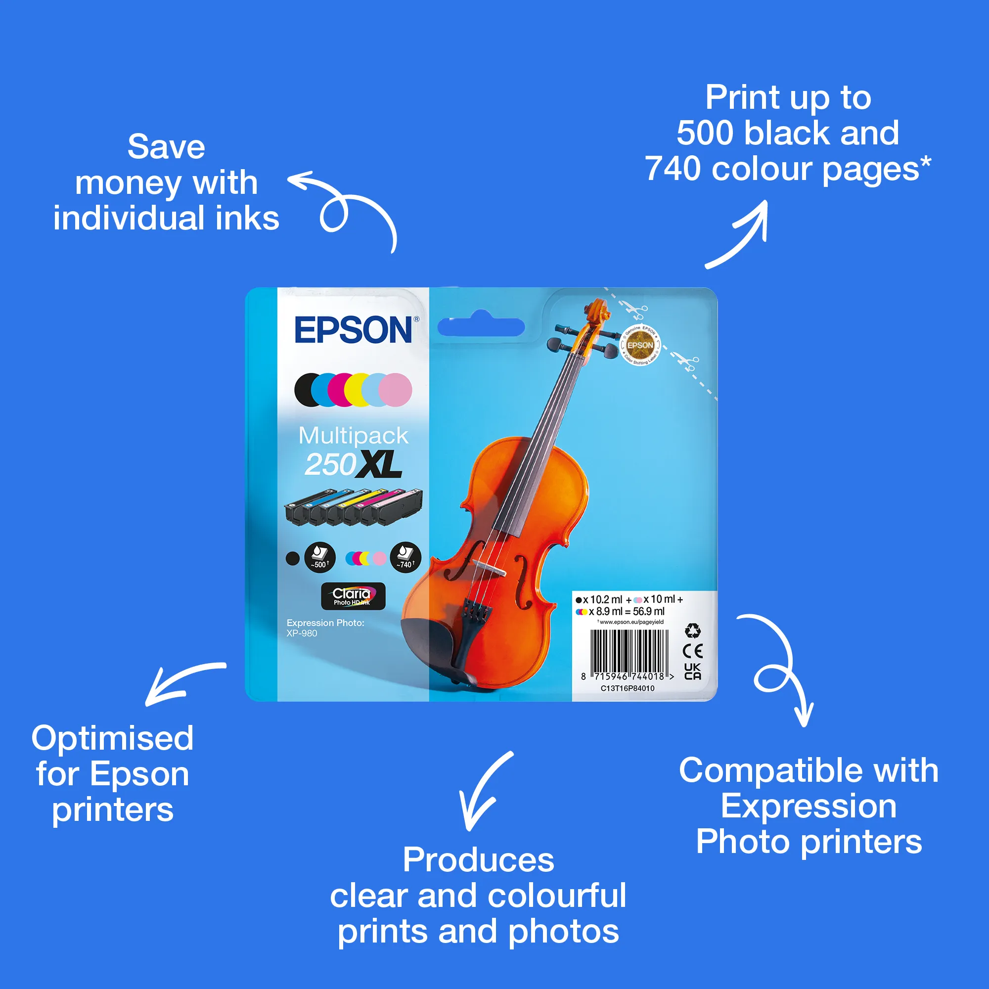 Epson 250XL -mustekasettipakkaus, musta/syaani/vaaleansyaani/vaaleanmagenta/magenta/keltainen, 6 kpl