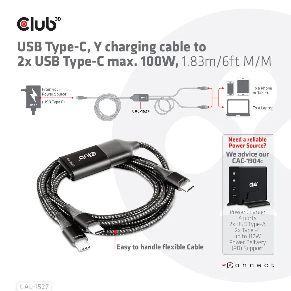Club 3D USB-C Y-latauskaapeli, PD3.0 100W -kaapeli, Musta, 1.83m