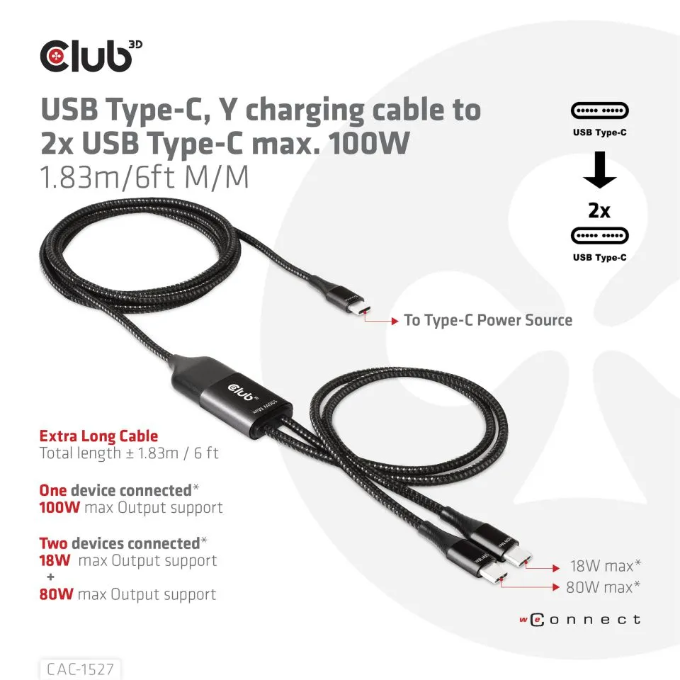 Club 3D USB-C Y-latauskaapeli, PD3.0 100W -kaapeli, Musta, 1.83m