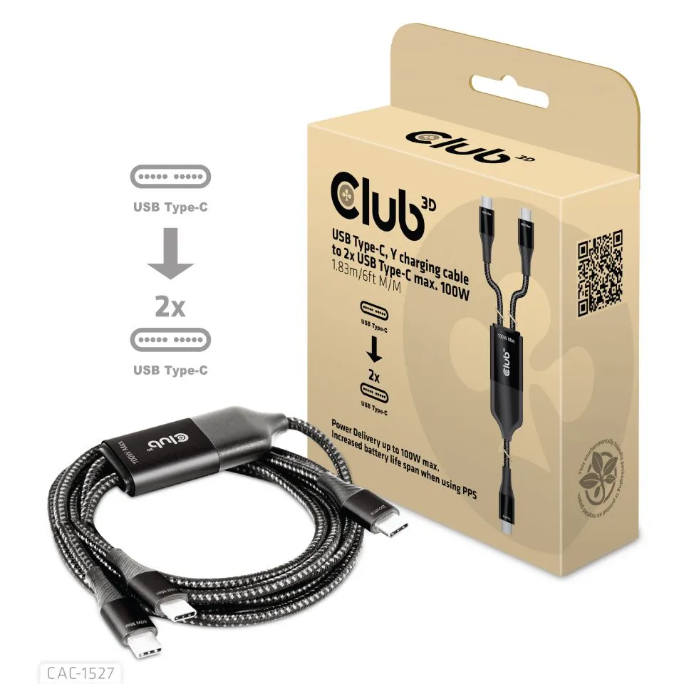 Club 3D USB-C Y-latauskaapeli, PD3.0 100W -kaapeli, Musta, 1.83m