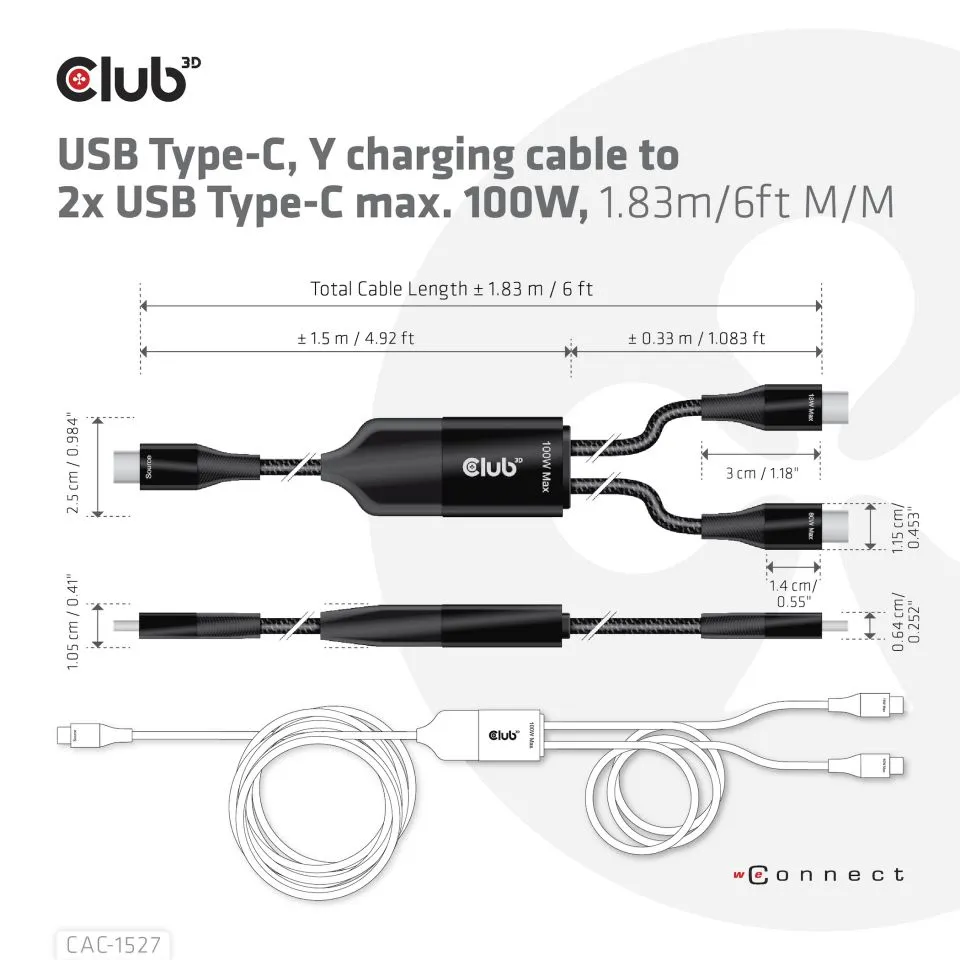 Club 3D USB-C Y-latauskaapeli, PD3.0 100W -kaapeli, Musta, 1.83m