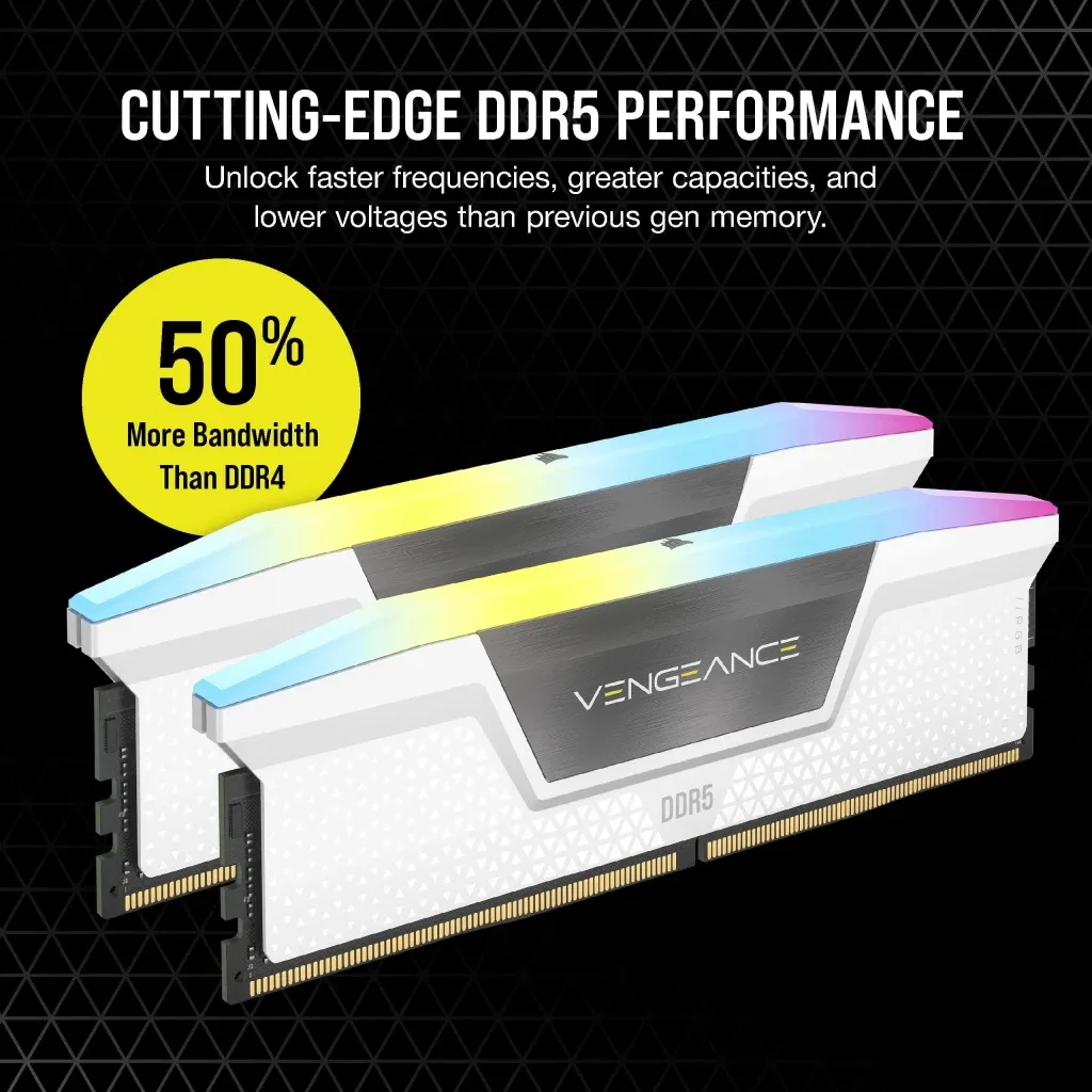 Corsair VENGEANCE RGB 64GB (2 x 32GB) DDR5 6400 MHz, CL32 Memory, White (XMP)