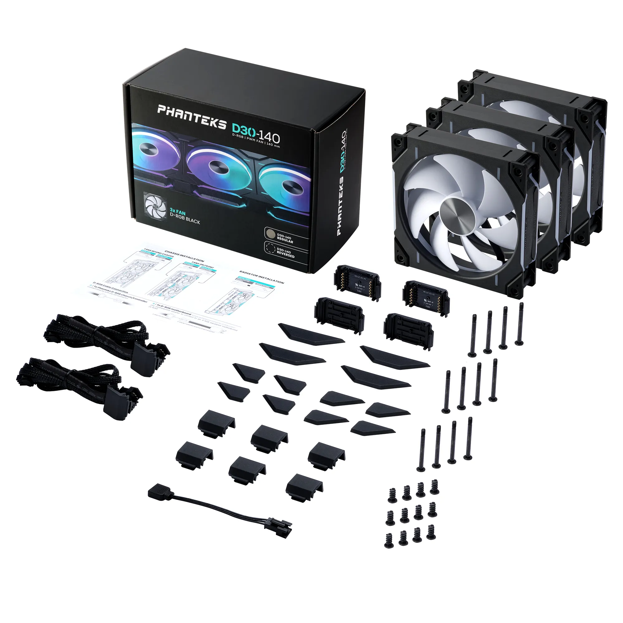 Phanteks D30 140mm PWM Fan, DRGB, Black, Retail, 3 Pack
