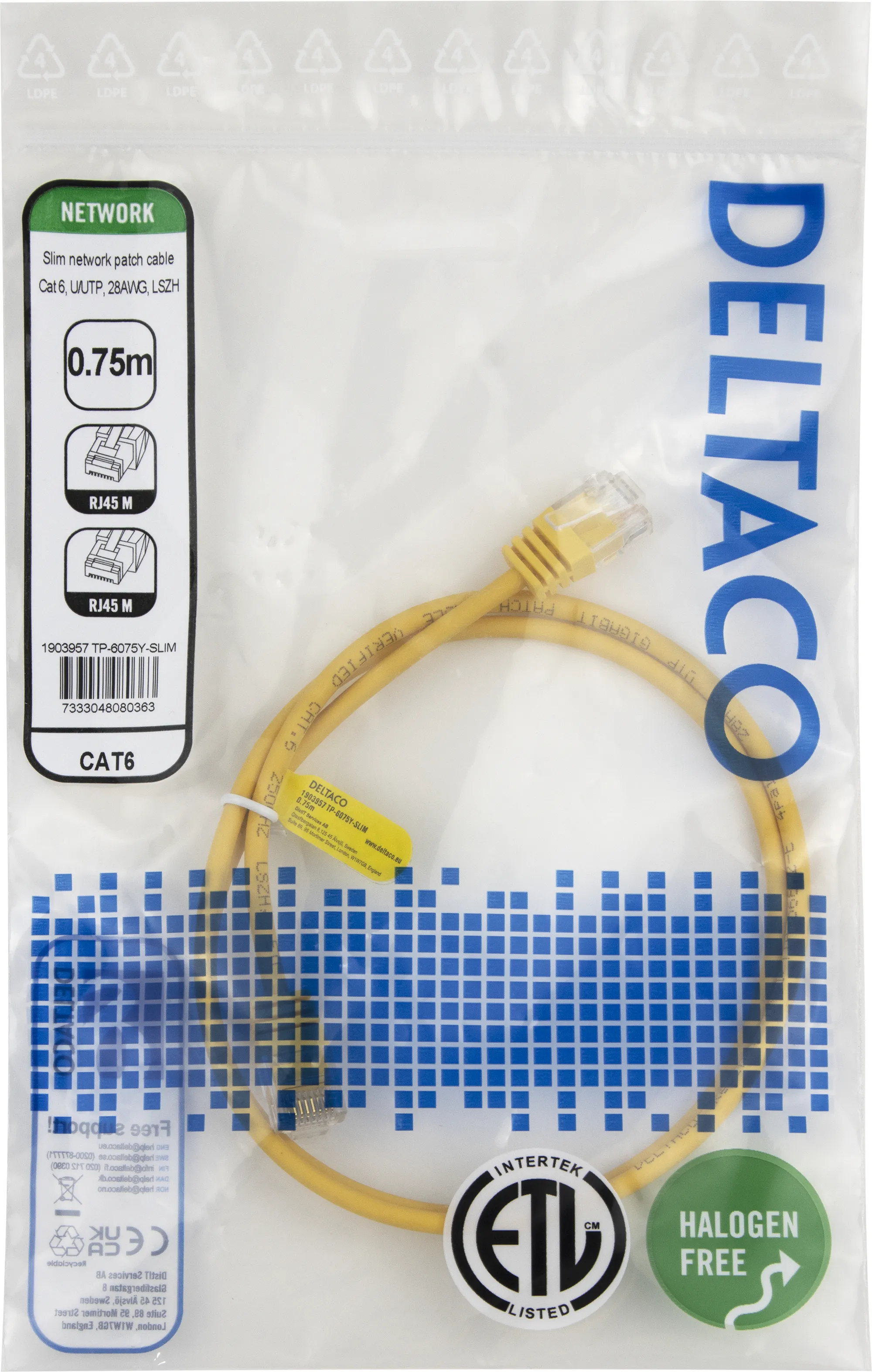 Deltaco Cat6 UTP RJ45 0.75m -verkkokaapeli, keltainen