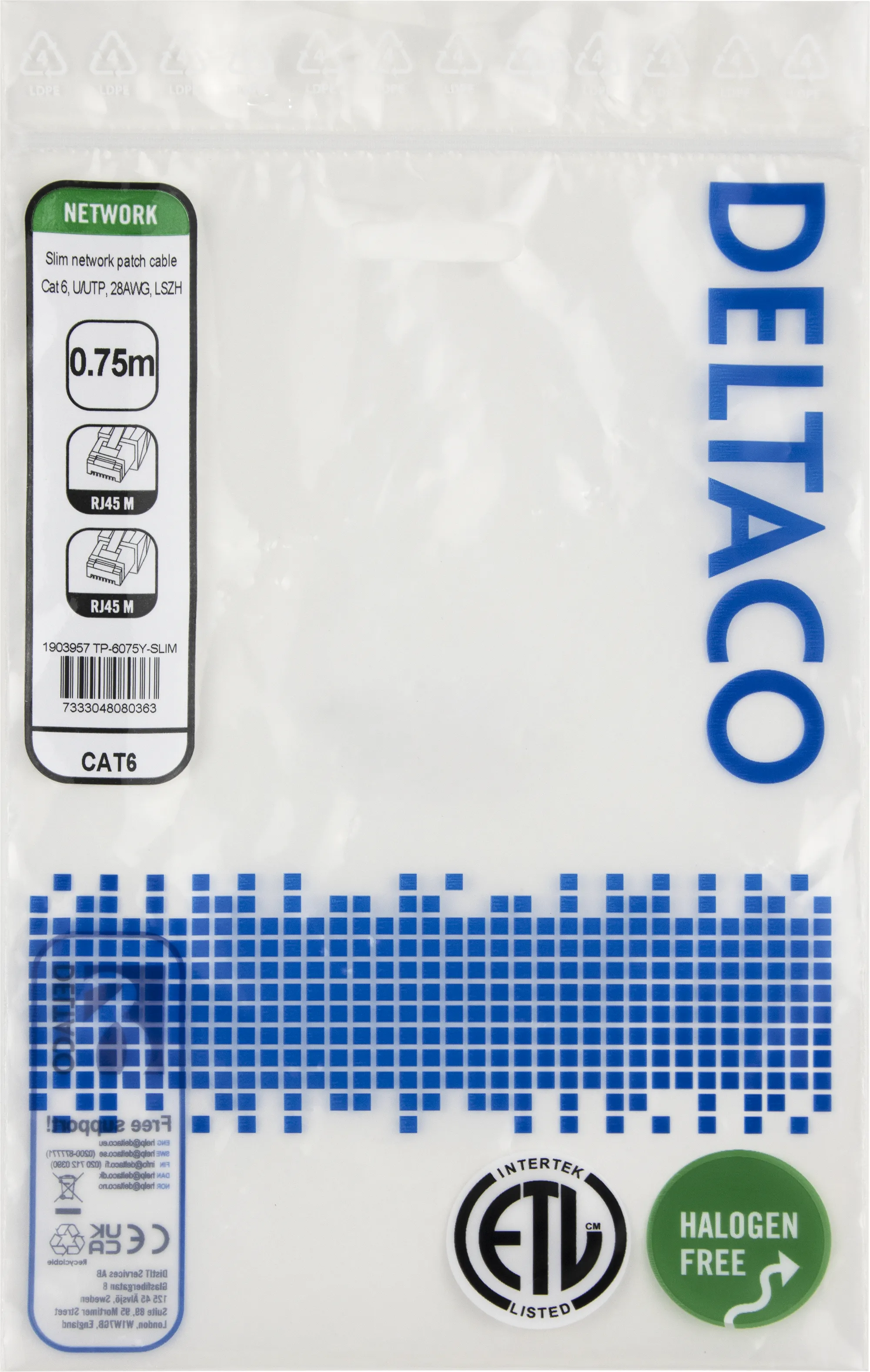 Deltaco Cat6 UTP RJ45 0.75m -verkkokaapeli, keltainen