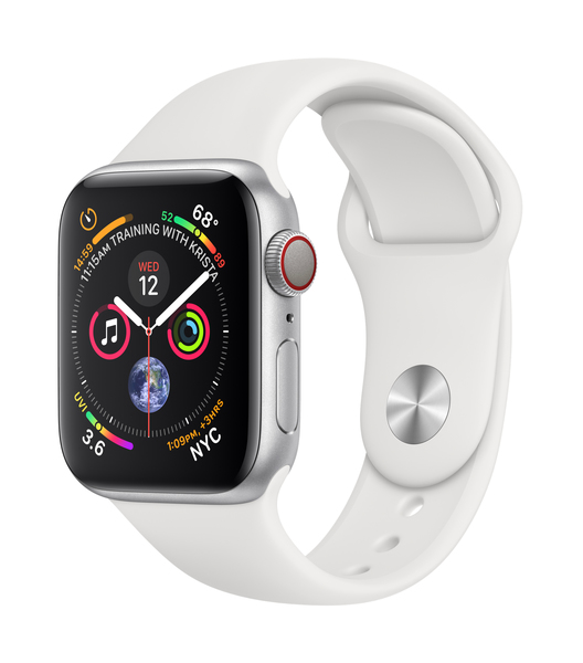 Apple Watch Series 4 GPS + Cellular 40mm, Aluminiumboett i silver med sportband i vitt