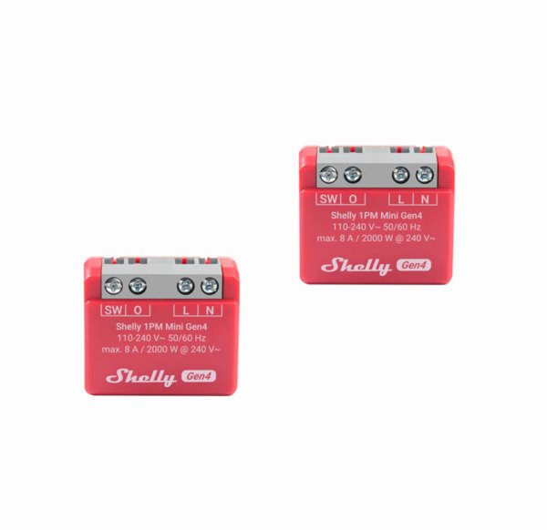 Shelly 1PM Mini Gen4 - 8A programmable Wi-Fi/Zigbee relay with energy monitoring for a junction box, 2-pack