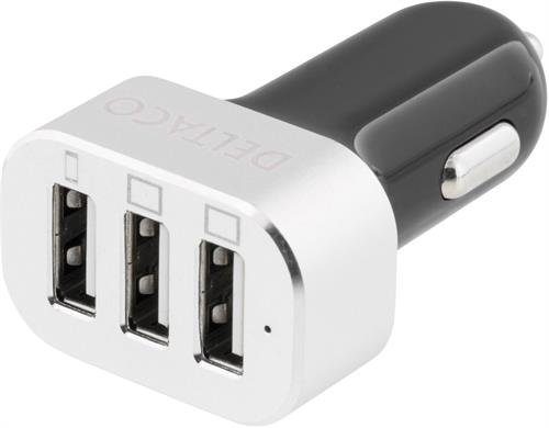 DELTACO billaddare, 3x USB-port, 12-18V till 5V 5,1A USB, svart/silver