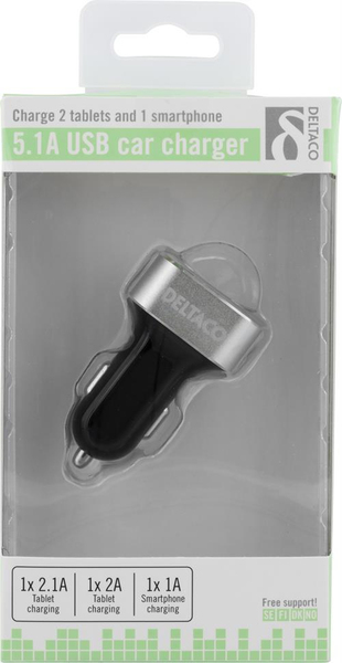 DELTACO billaddare, 3x USB-port, 12-18V till 5V 5,1A USB, svart/silver