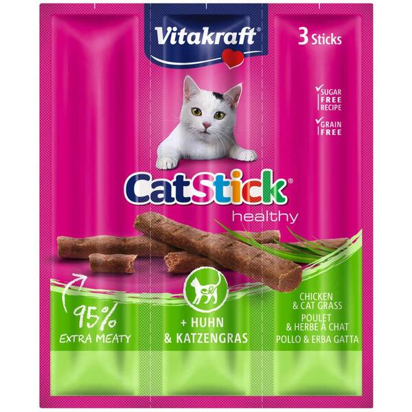 Vitakraft Cat Stick Mini Chicken with Cat Grass, Adult, 18g